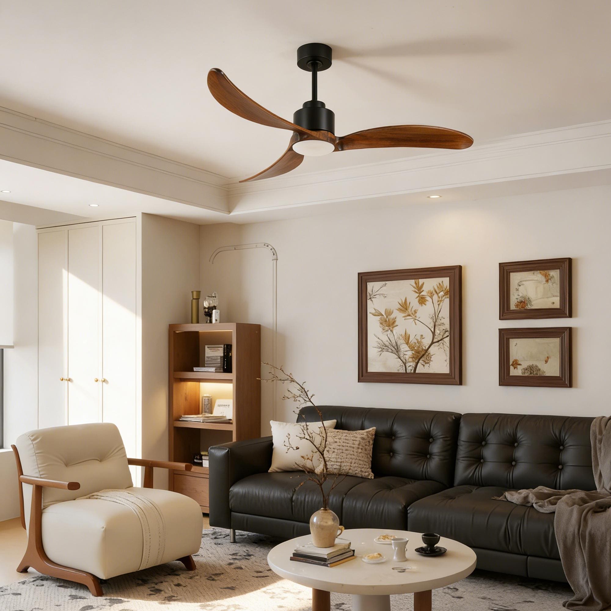 Bayfeve 52 Inch 3-Blade Matte Black Wood Ceiling Fan with Dimmable LED Light and Remote Control