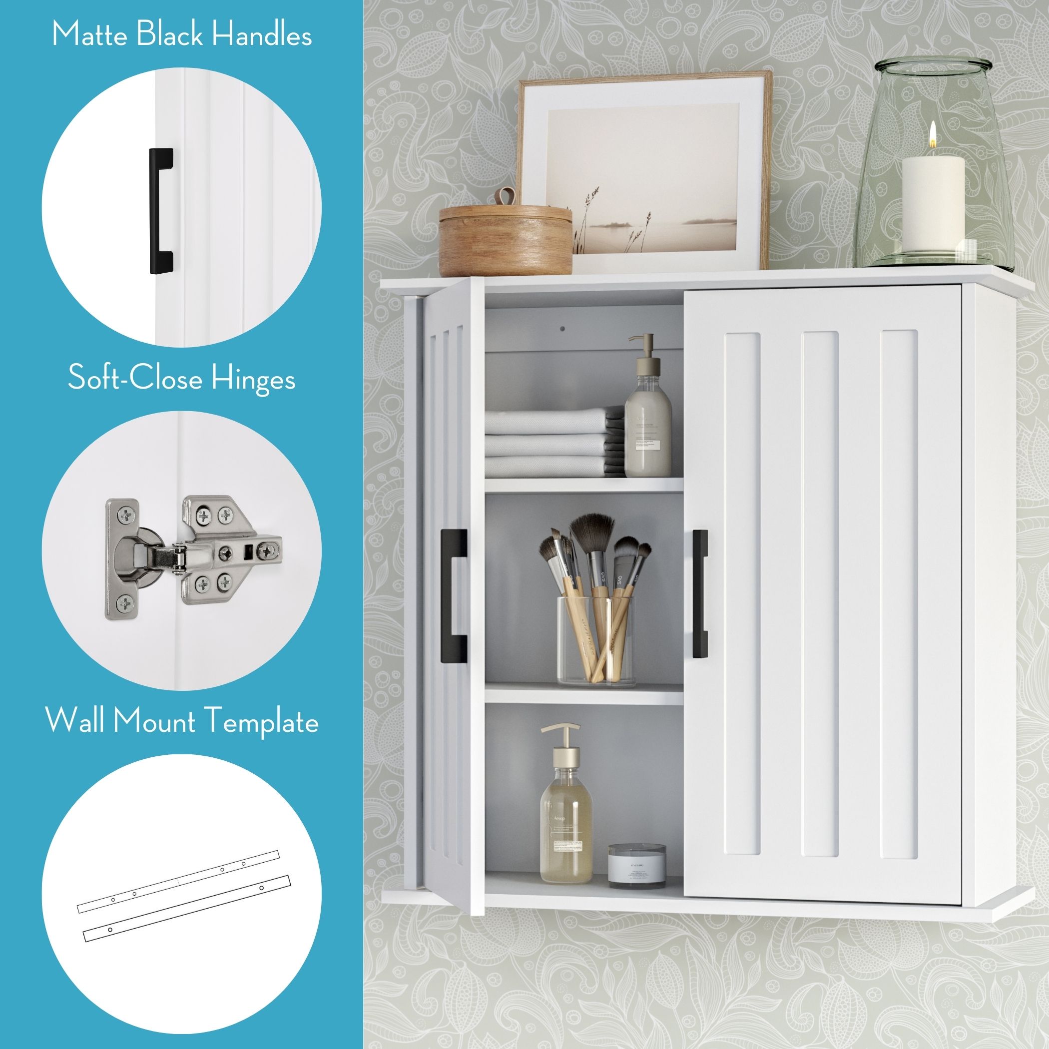 White Matte MDF Two-Door Medicine Cabinet with Adjustable Shelves