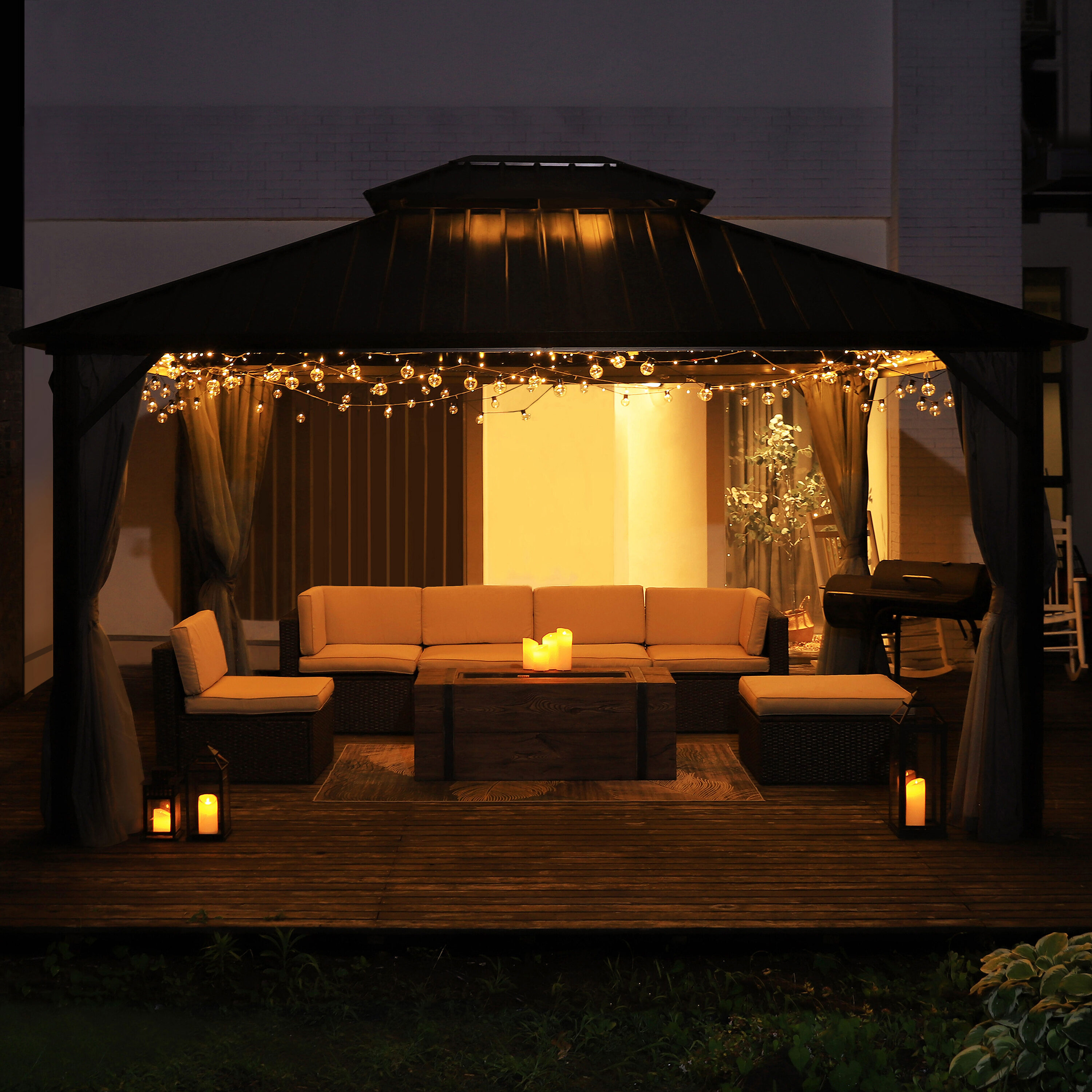 VEIKOUS 12-ft X 10-ft Hardtop Black Metal Rectangle Screened Gazebo ...