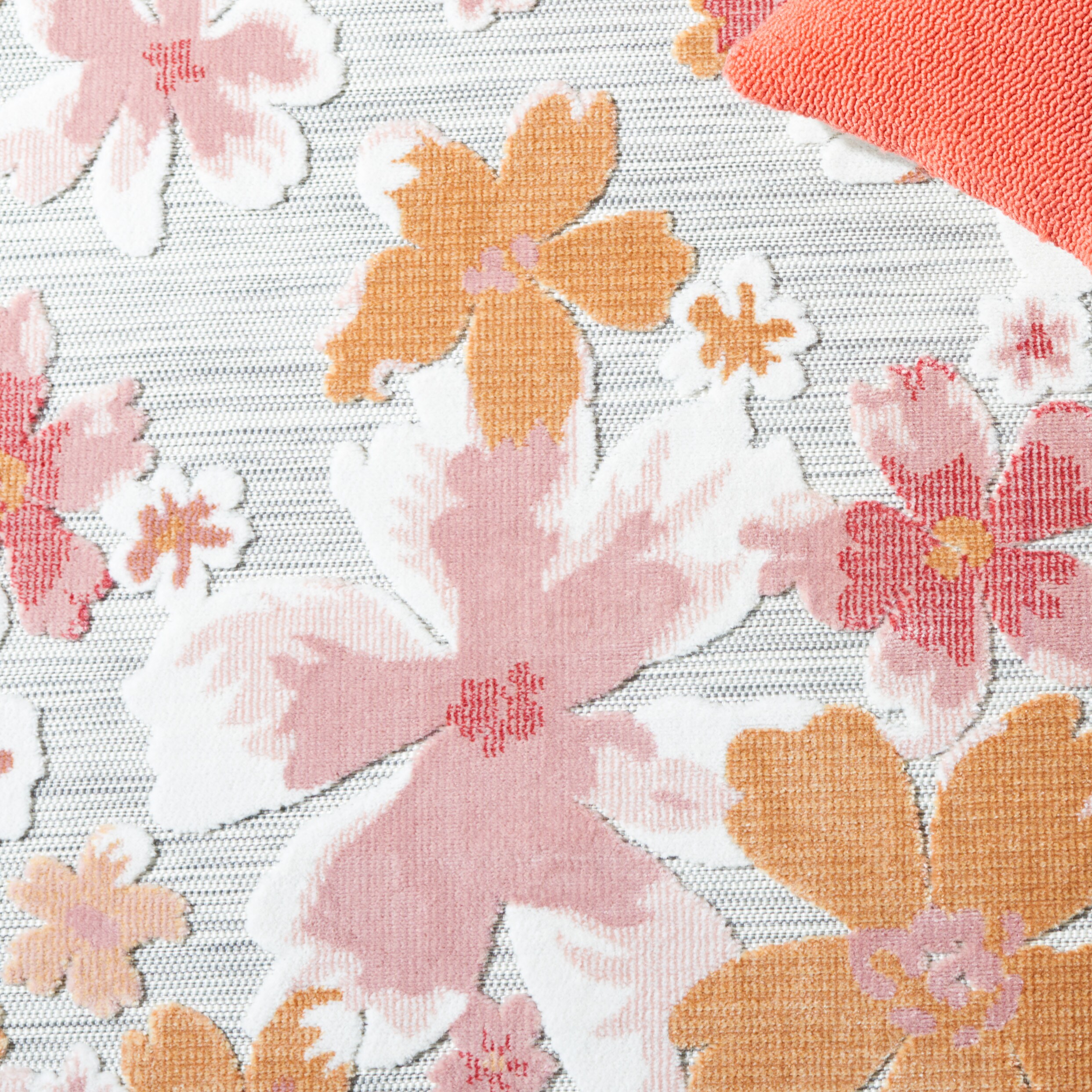 Gray and Pink Floral Round Synthetic Indoor/Outdoor Rug