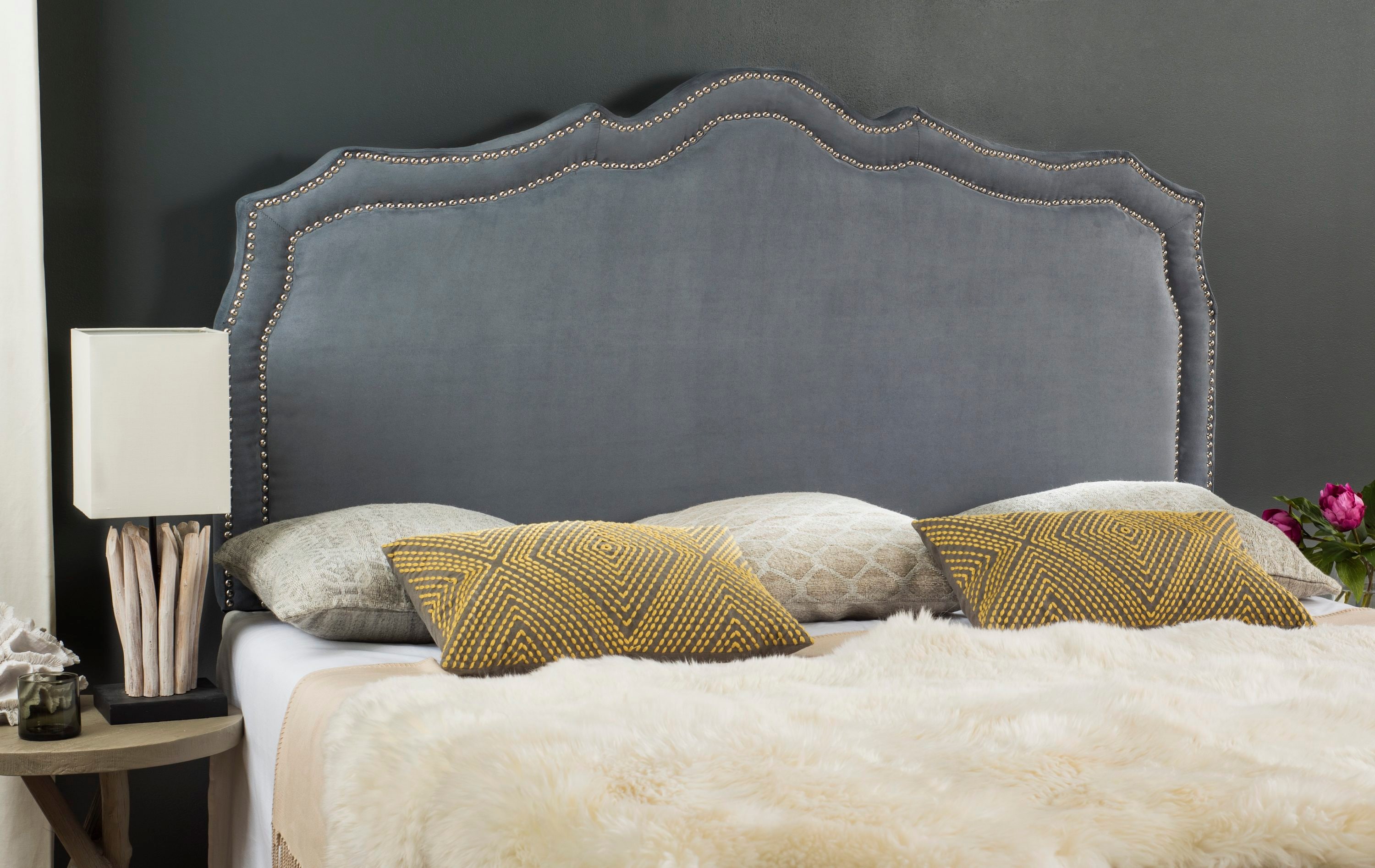 Safavieh MCR4004C-Q Skyler Gray Queen Velvet Upholstered Headboard