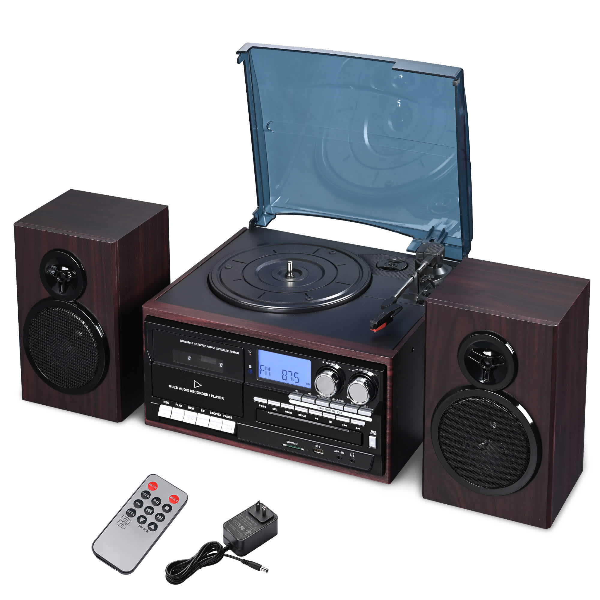 Yescom Vinyl Record Player with Speakers Turntable Bluetooth Tape Cassette CD Player Retro #28RPT003-CB-0211-LO