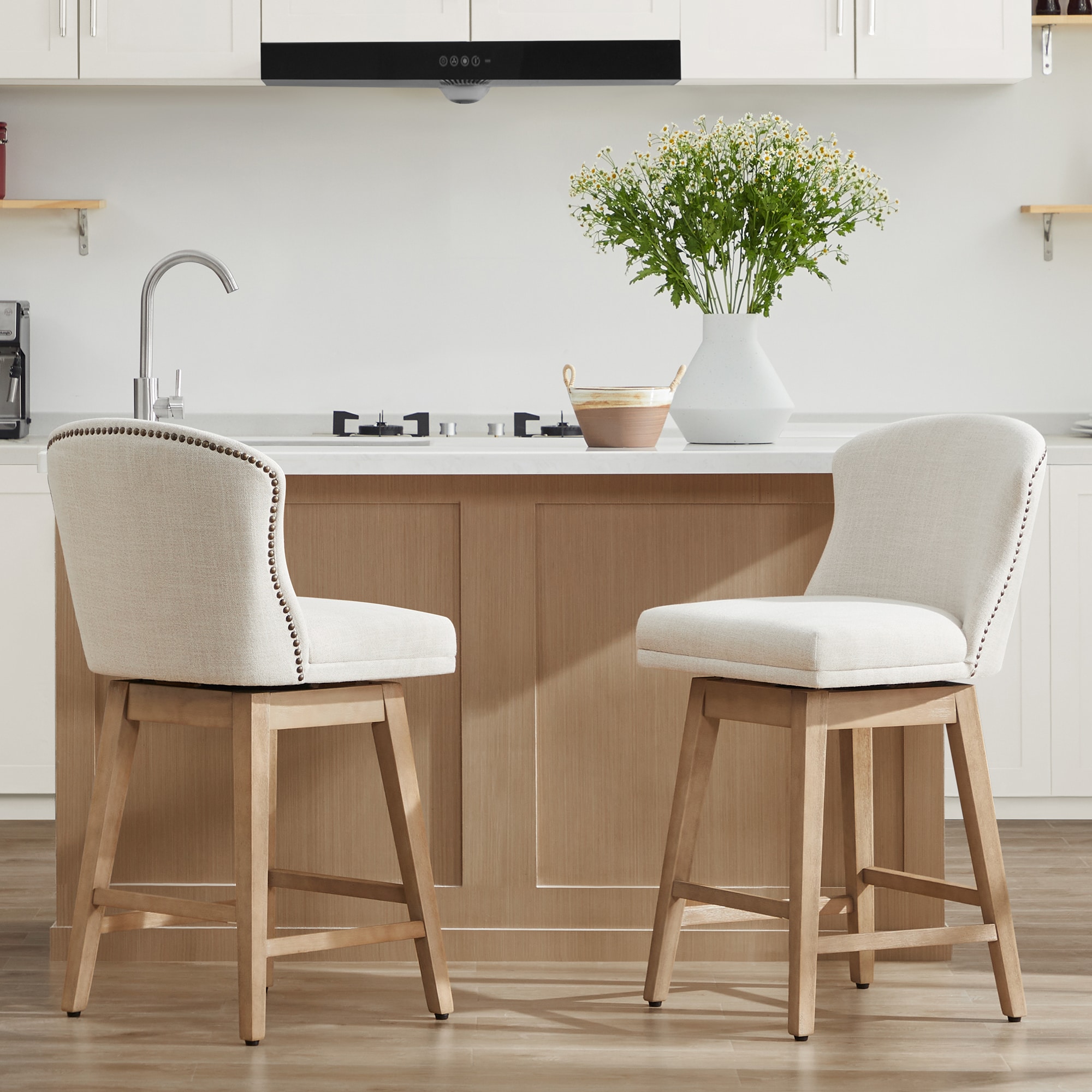 Circle 55 LWSY1286-C0200311T Linen 26-in H Counter height Upholstered Swivel Wood Bar Stool 2 -Pack