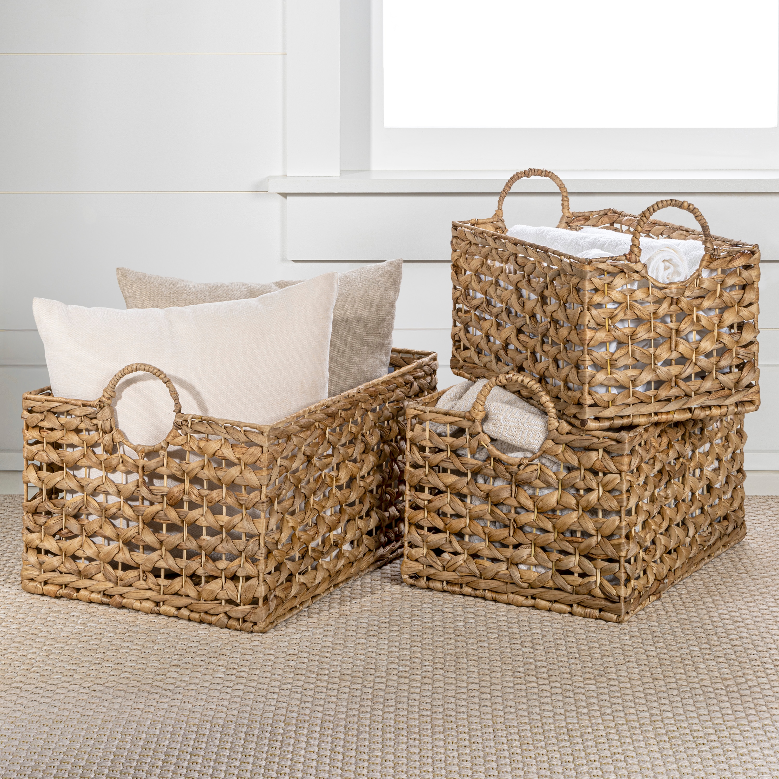 happimess BSK2010A-3SET 3 -Pack Quinn Bohemian Cottage Woven Rectangular Storage ( 17.72-in W x 11.42-in H x 13.39-in D ) Natural Water hyacinth Stackable Basket