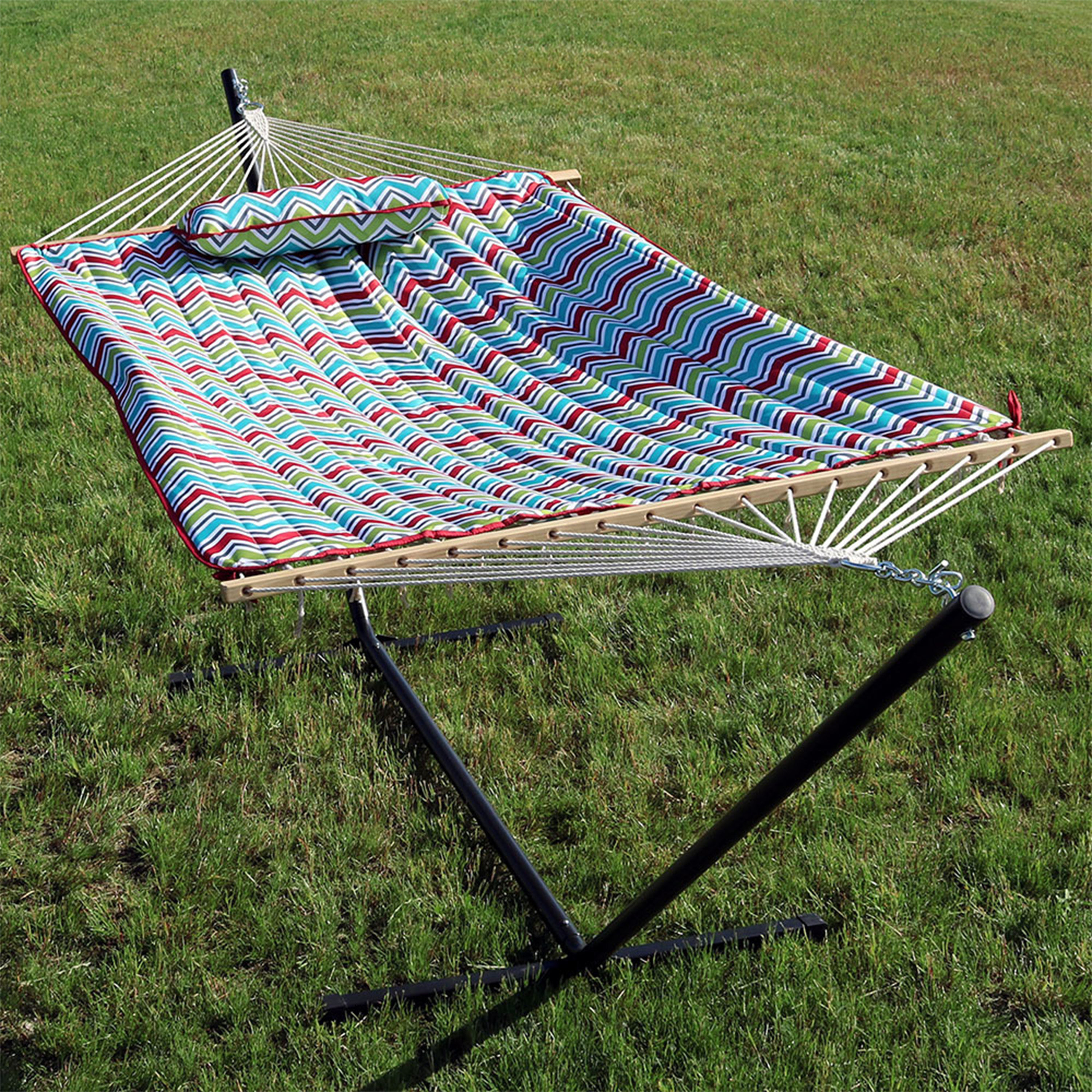 Sunnydaze Decor DL-CMCRH-COMBO Sunnydaze Cotton Hammock with 12 Foot Stand, Pad and Pillow Multi-Color Chevron Fabric Hammock with Stand