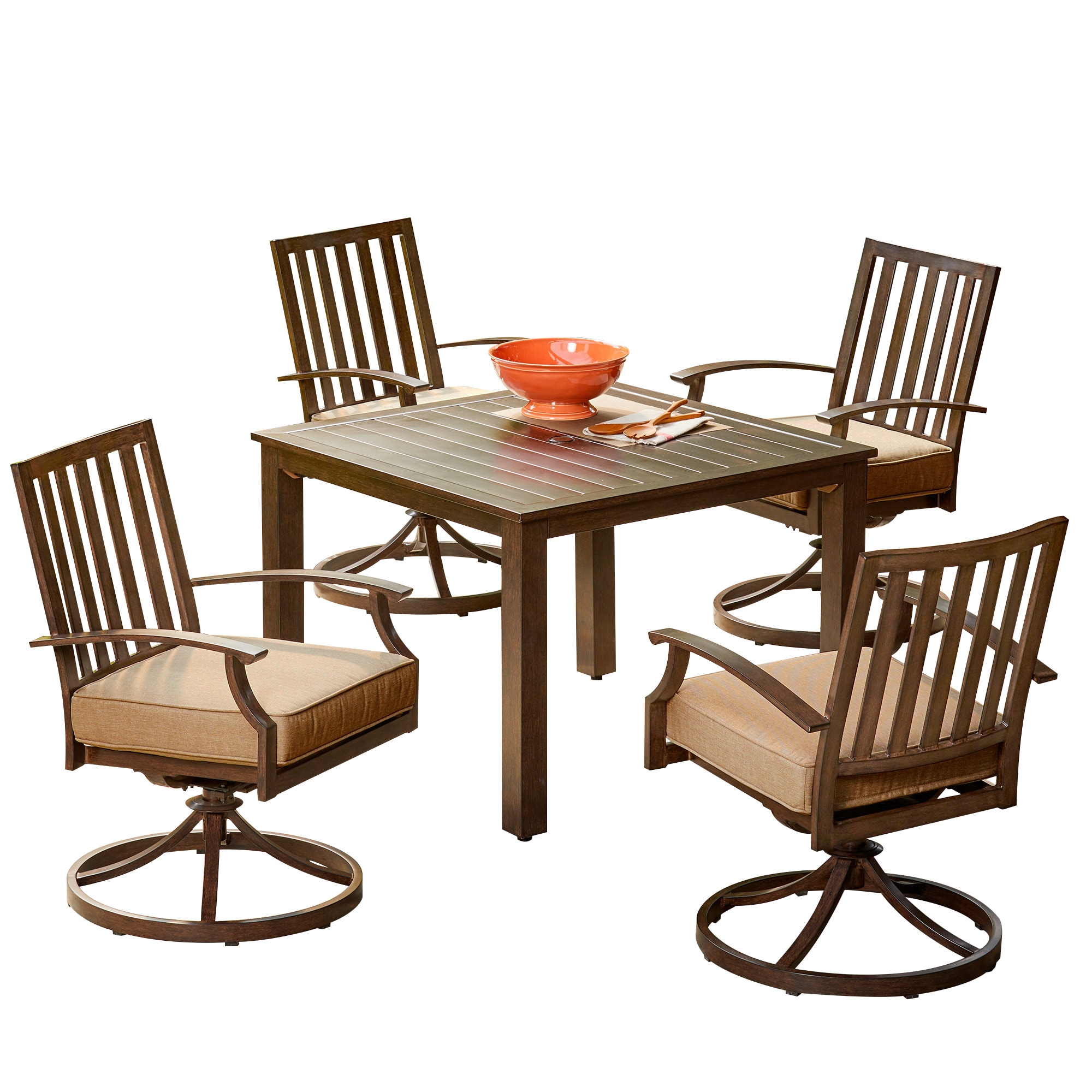 Royal Garden LAKDST501 Forest Glen 5 -Piece Brown Woodgrain Patio Dining Set Aluminum Square Table with 4 Tan Cushions Swivel Chairs