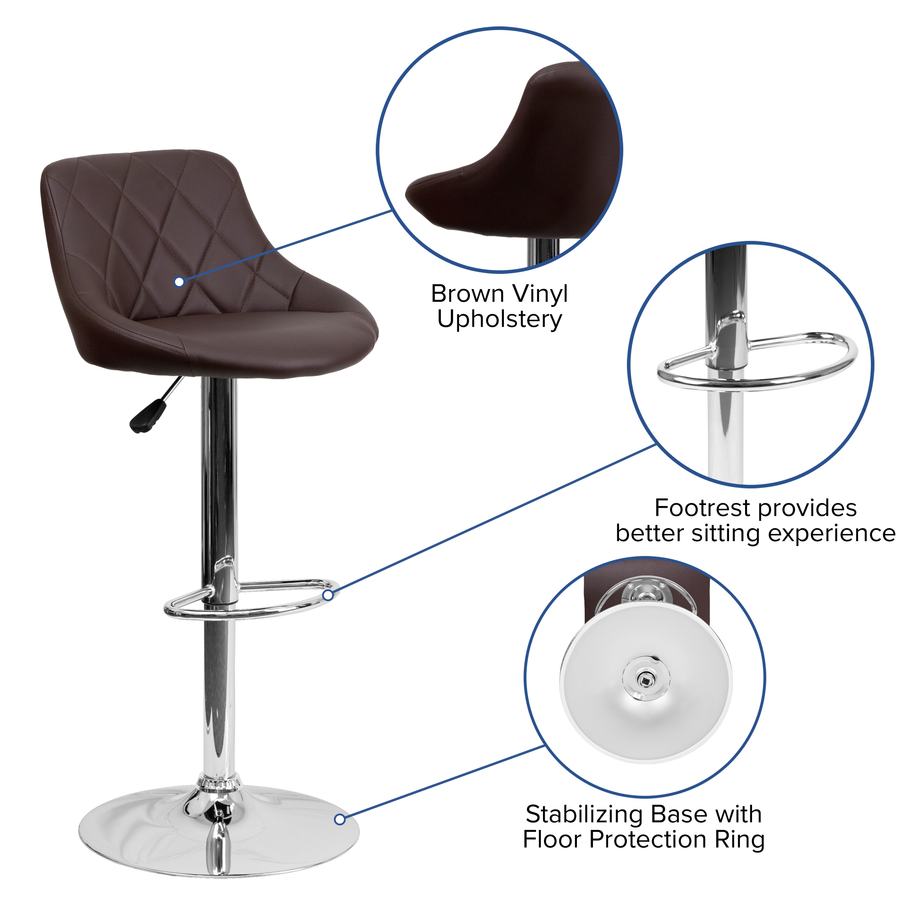 Brown Vinyl Adjustable Height Swivel Bar Stool with Chrome Base