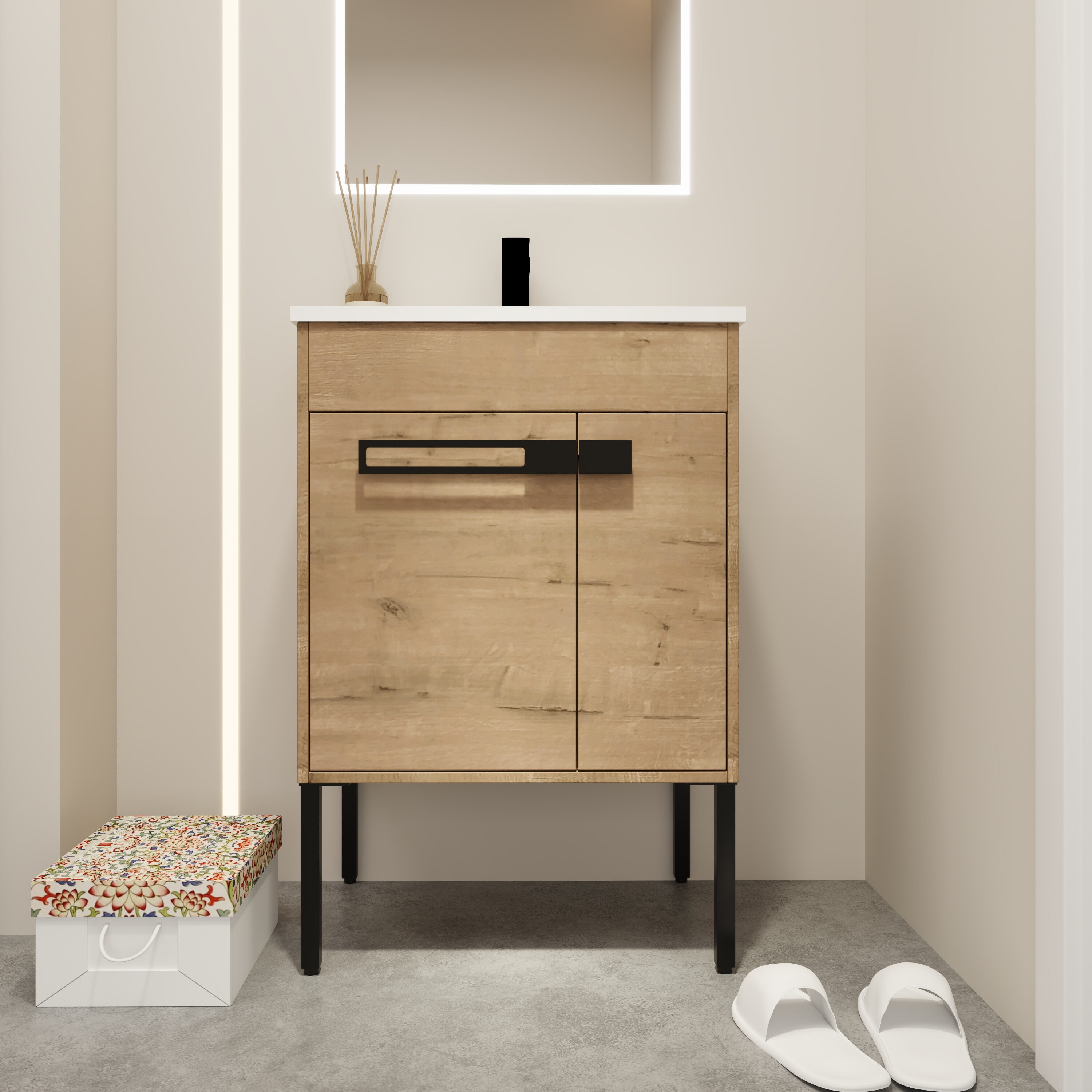 Forclover QNM-0324-IMO Freestanding Soft-Closing 24-in Imitative Oak Single Sink Bathroom Vanity with White Ceramic Top