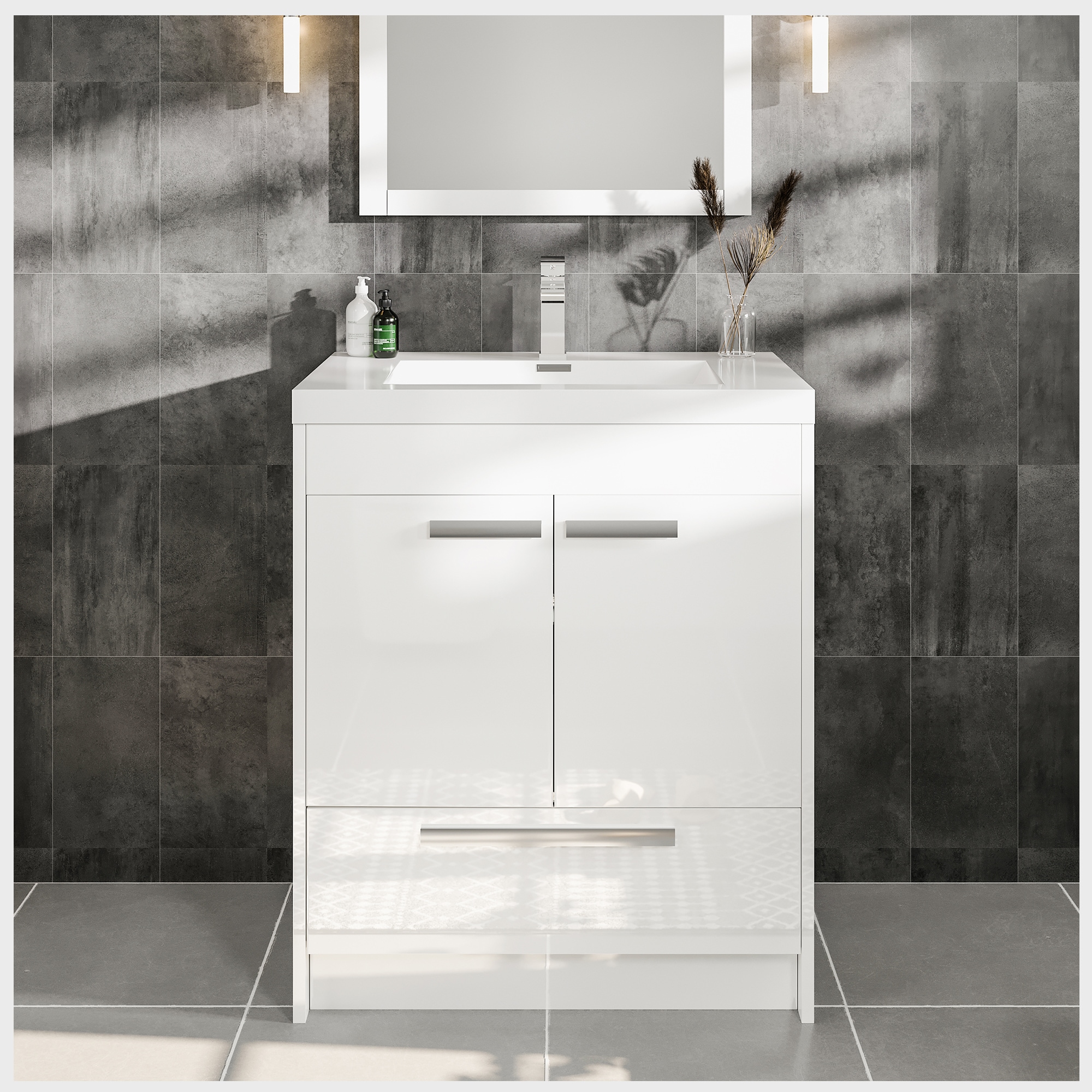 Eviva EVVN750-8-30WH Lugano 30-in White Single sink Bathroom Vanity with White Acrylic Top