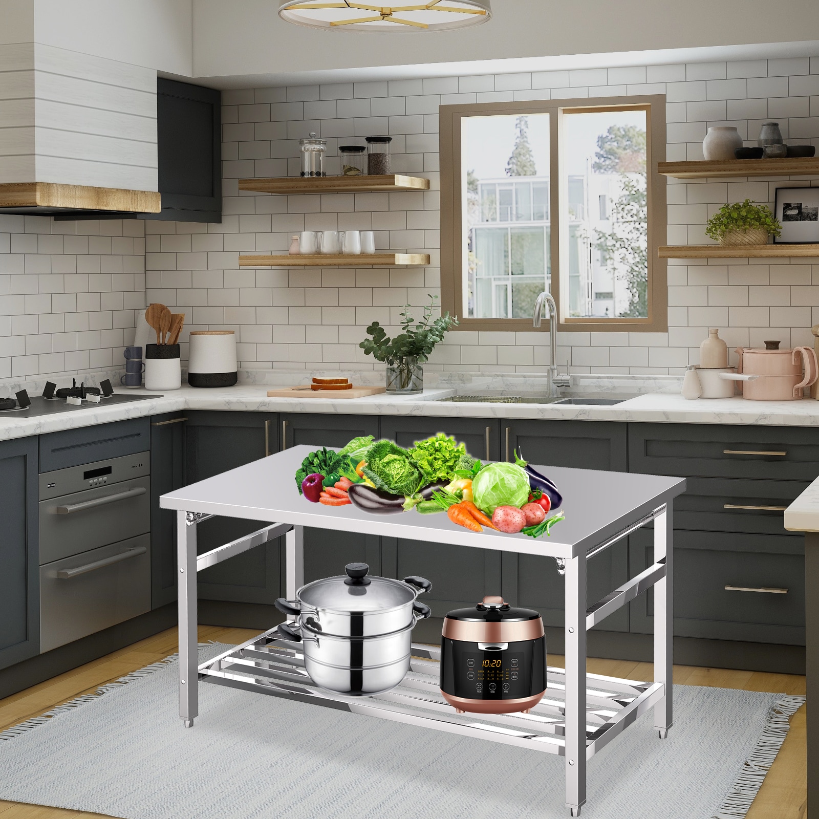 Aoile Commercial Foldable Heavy Duty Stainless Steel Table 60 x 24 Inches Metal Prep and Work Desk with Adjustable Under Shelf for Kitchen Restaurant Home Garage Warehouse