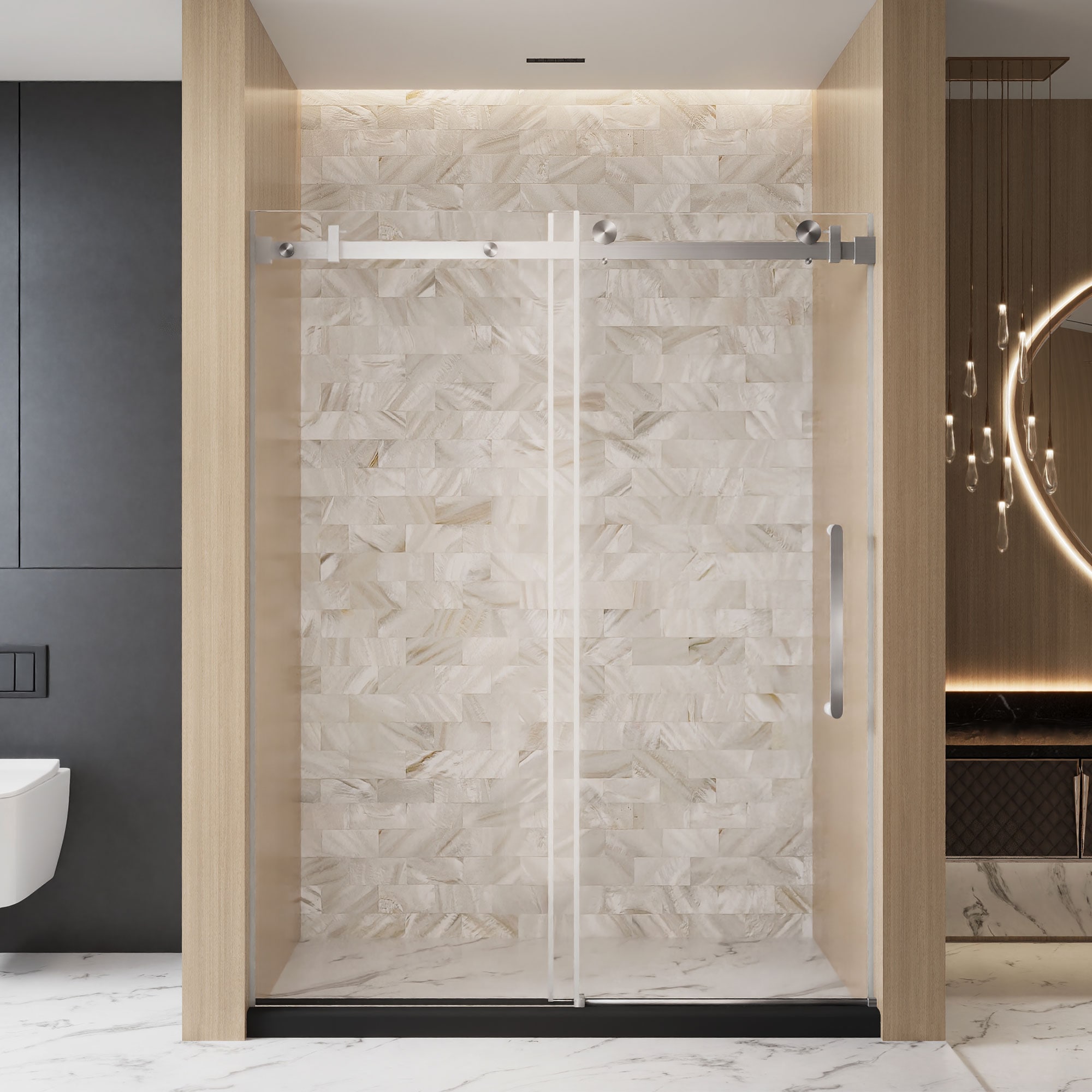 LIVIZA G1PF6076BN-100 Single Sliding Shower Door Brushed Nickel 56-in to 60-in W x 76-in H Frameless Clear Glass Sliding Shower door