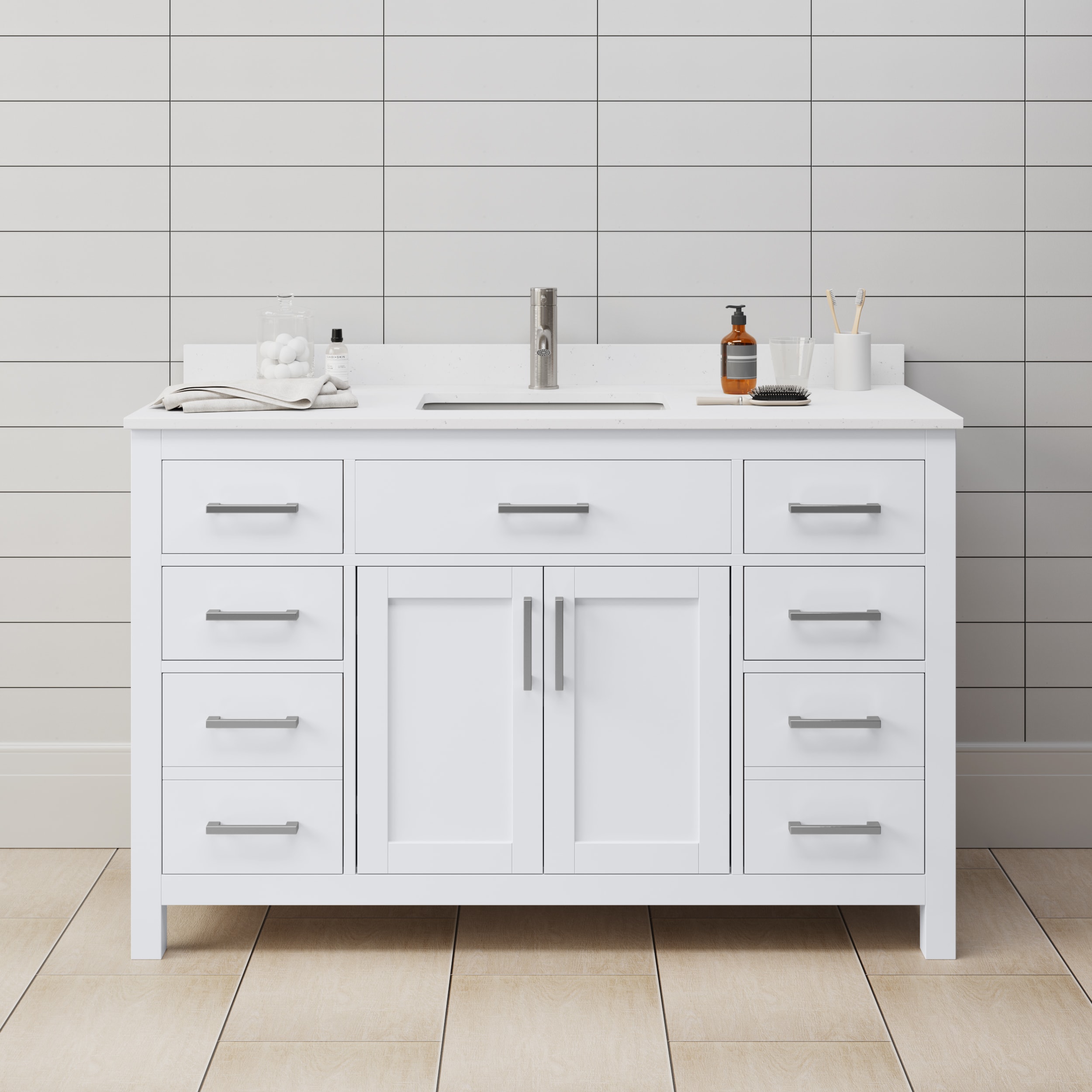 Wyndham Collection WCG242454SWHWCUNSMXX Beckett 54-in White with Brushed Nickel Trim Undermount Single sink Bathroom Vanity with White Cultured Marble Cultured marble Top