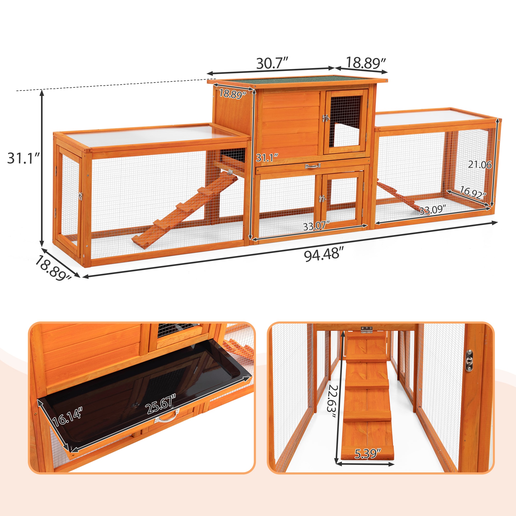 Large Orange Wood Rabbit Hutch with Ramps and Mesh Runs