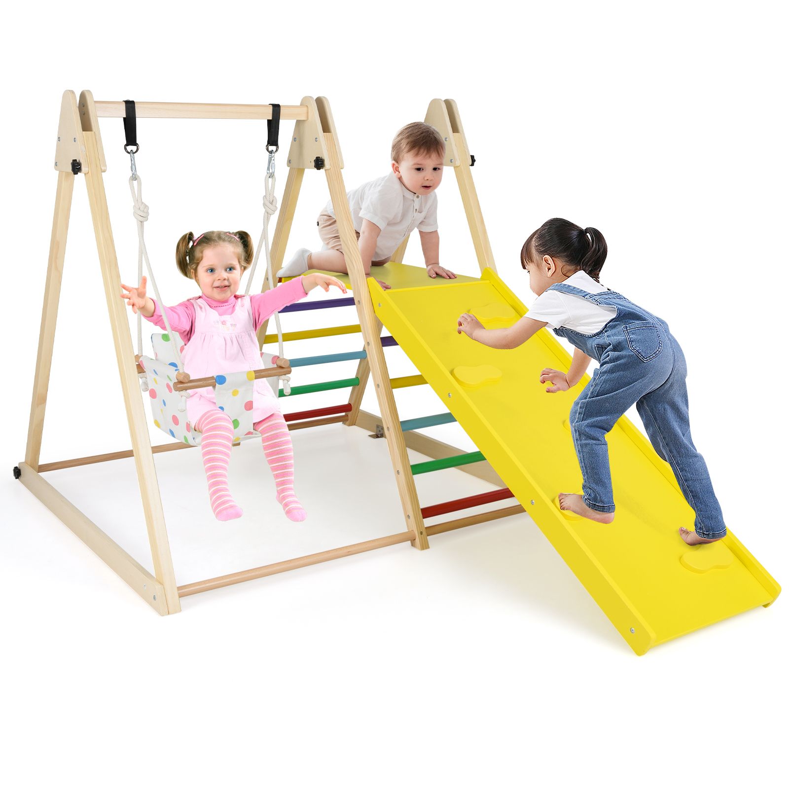 Slickblue Kids 4 in 1 Wooden Indoor Jungle Gym Playset with Baby Swing and Adjustable Height Climbing Ramp for Playroom Nursery Living Room or Daycare