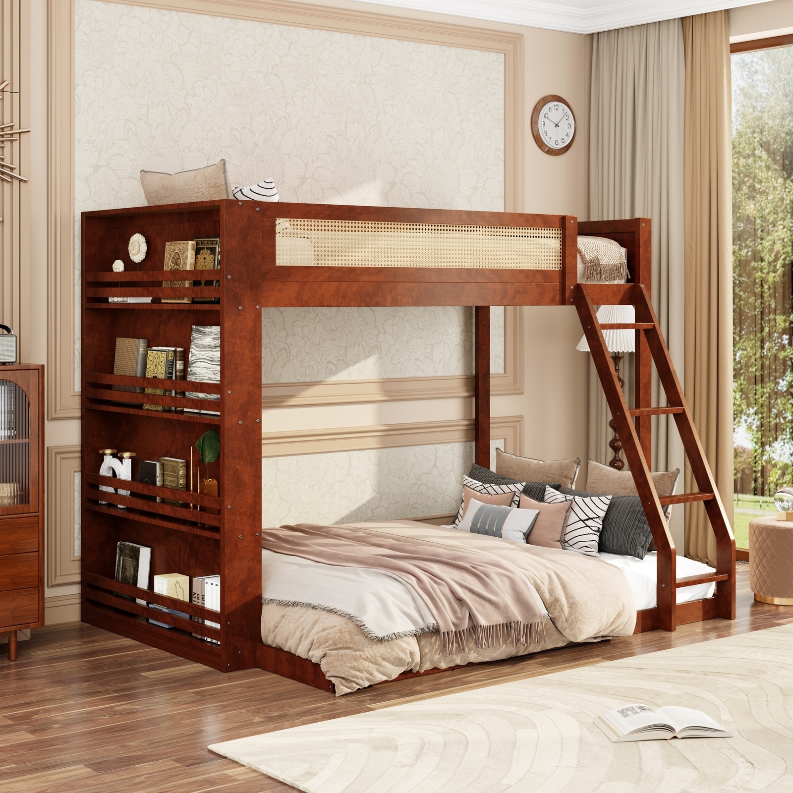 Horizons Prime Twin over Full Espresso Wood Bunk Bed with Shelf and LED Lighting