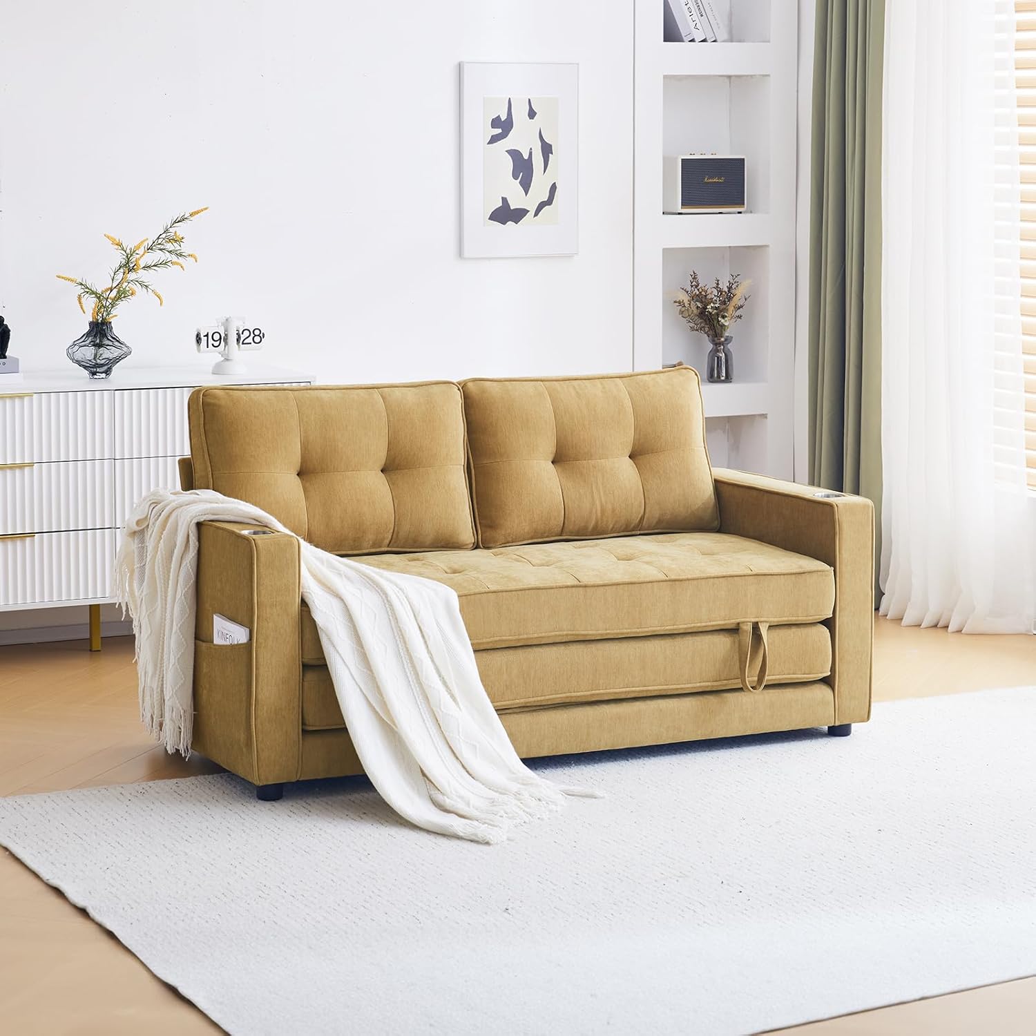 Outopee Kakhi Contemporary/Modern Chenille Twin Sofa bed #LO1G52004332+34