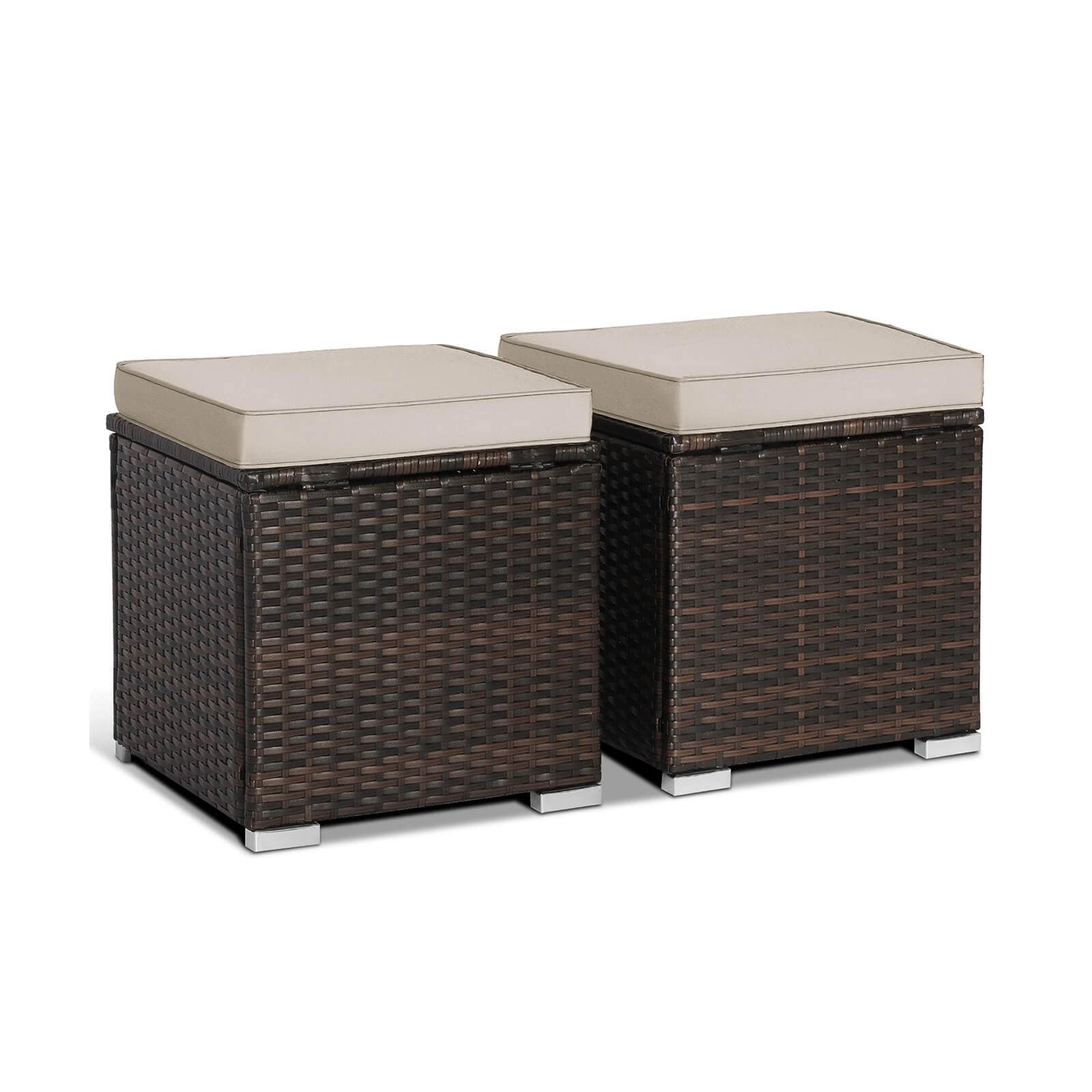 Slickblue D-CO-NB19507WH 2 Pieces Outdoor Mix Brown PE Rattan Square Ottoman with Cushions and Hidden Storage for Patio Balcony Backyard Poolside Use White/ Gray/ Brown