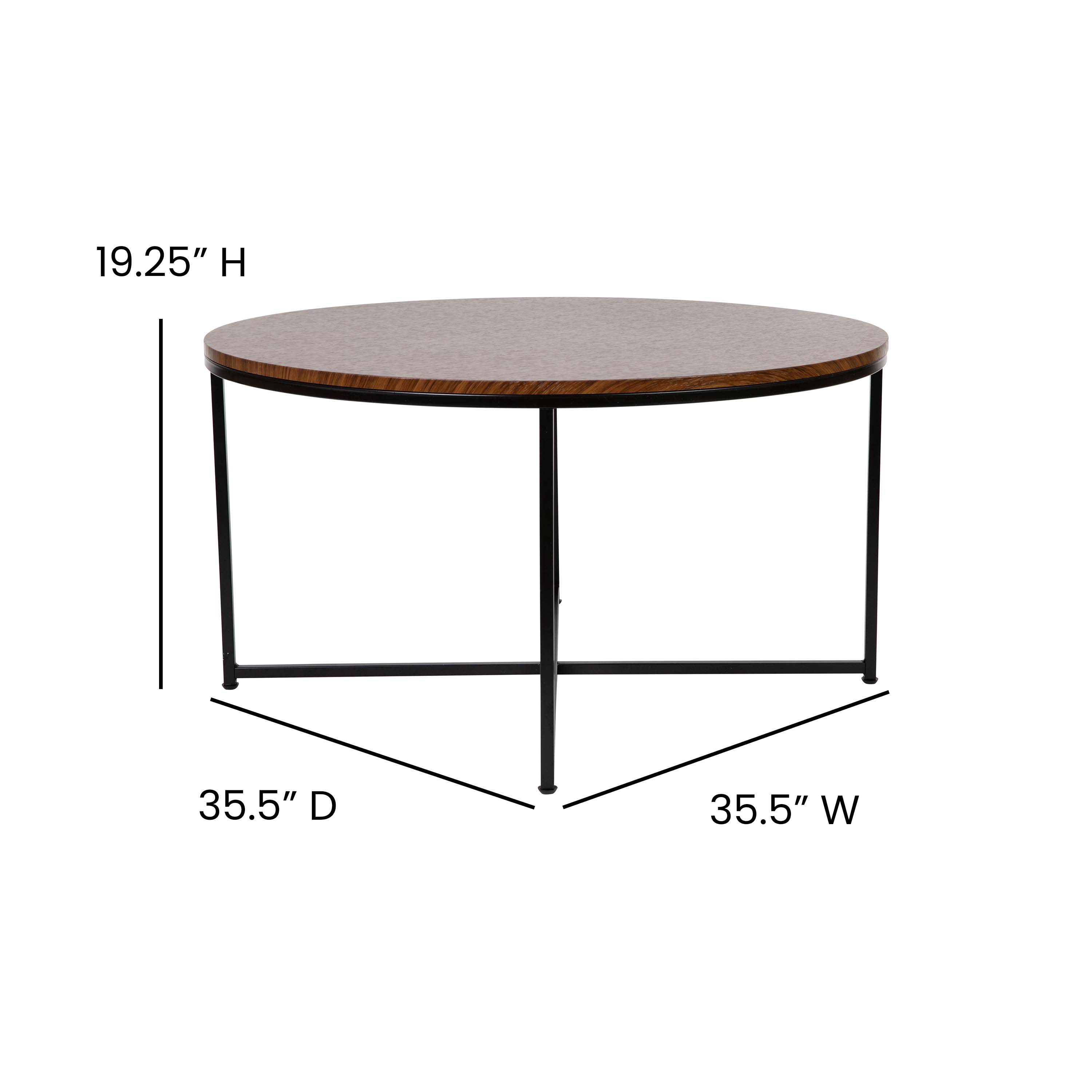 Walnut Finish Round Coffee Table with Matte Black Metal Frame