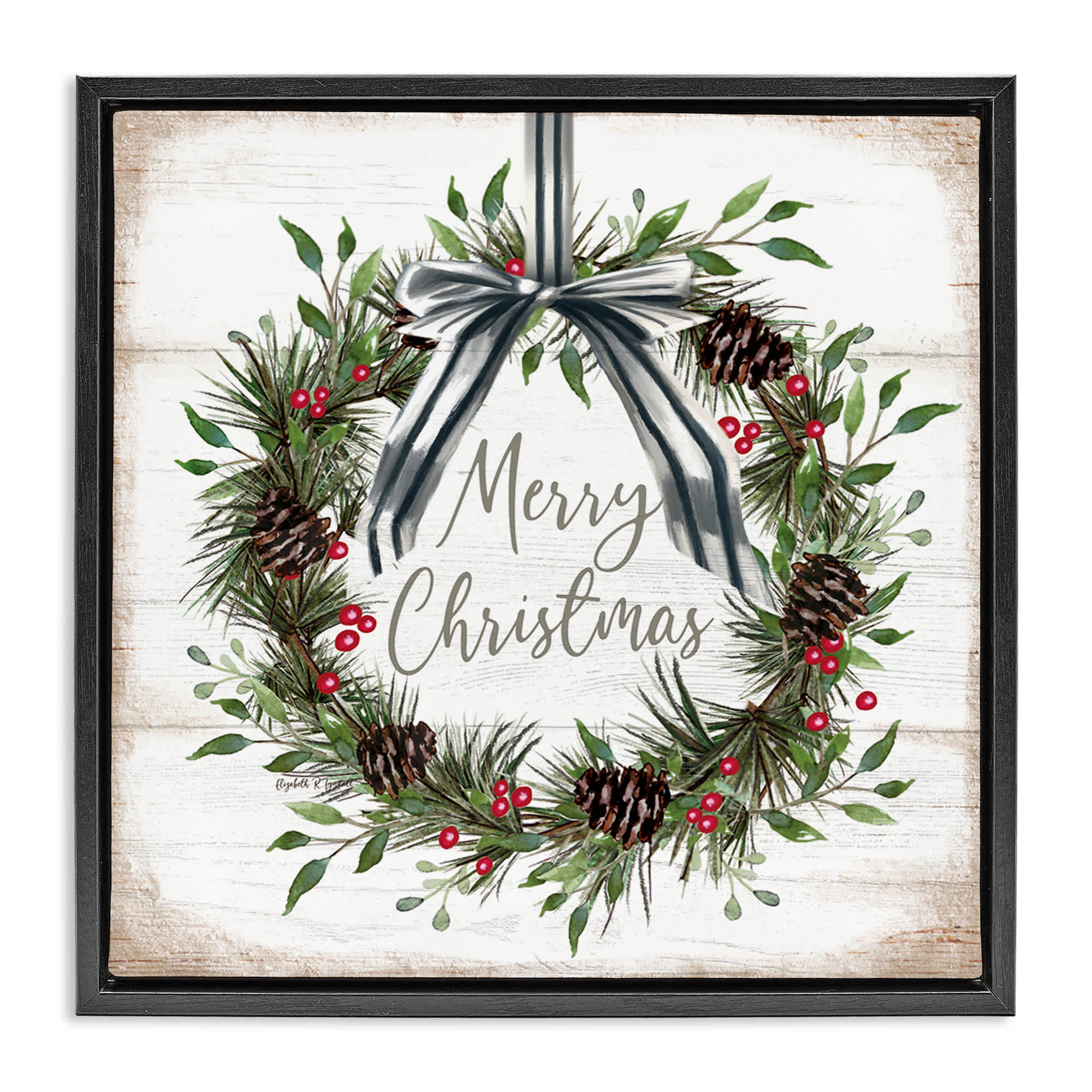 Stupell Industries BT-529-FFB-17X17 Rustic Christmas Pinecone Wreath Black Framed Floater Canvas Wall Art By Elizabeth Tyndall 18 x 18