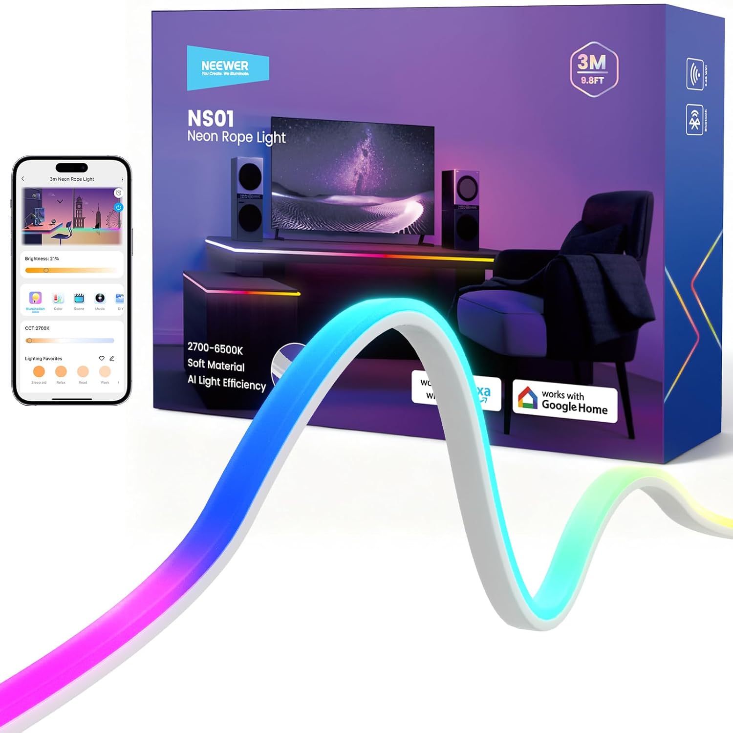 CJGQ 9.84ft 3m Smart RGB LED Neon Strip Light App and Voice Control Color Changing Music Sync Cuttable Silicone Rope Light for Bedroom Gaming Room and Indoor Wall Decor
