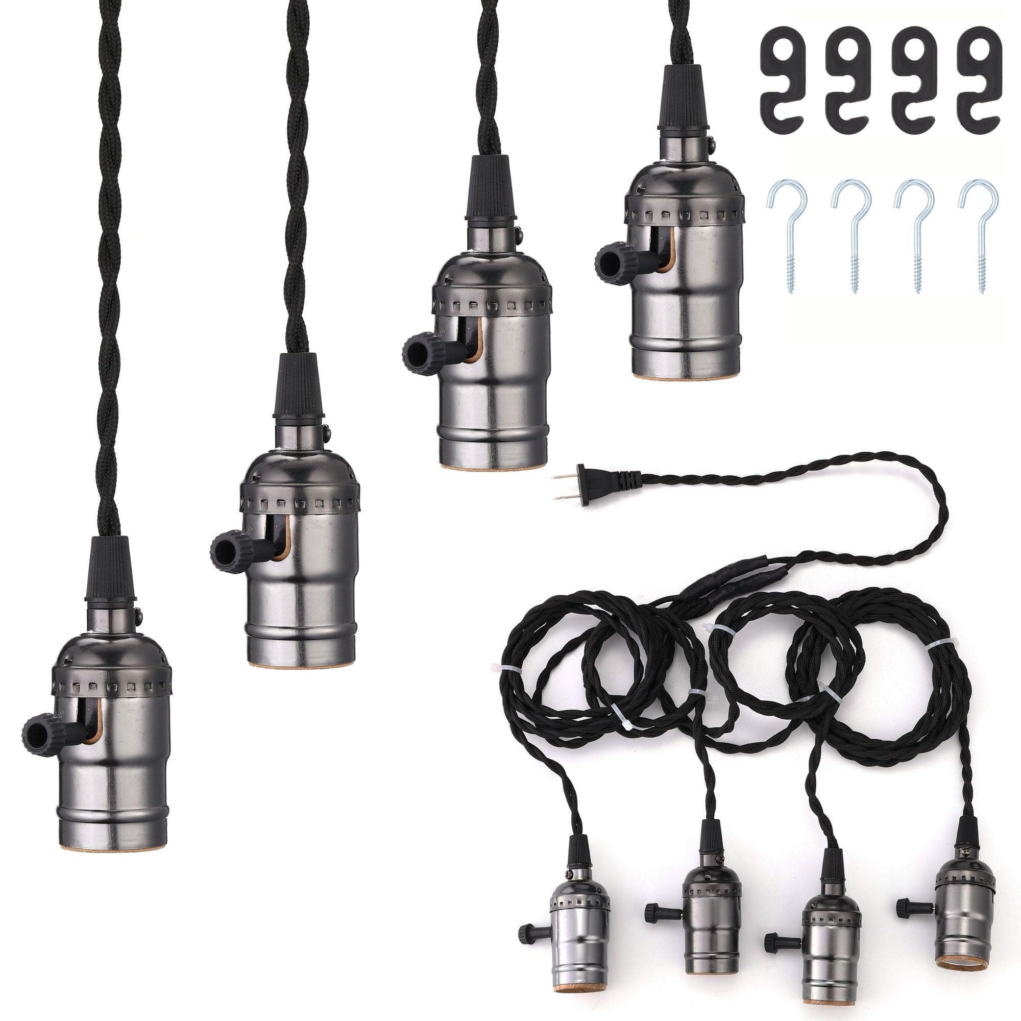 Oyezvary  19.5FT Plug In Pendant Light Cord Kit 4 Socket Hanging Light Fixture E26 E27 Compatible Adjustable Length Individual Switches Black