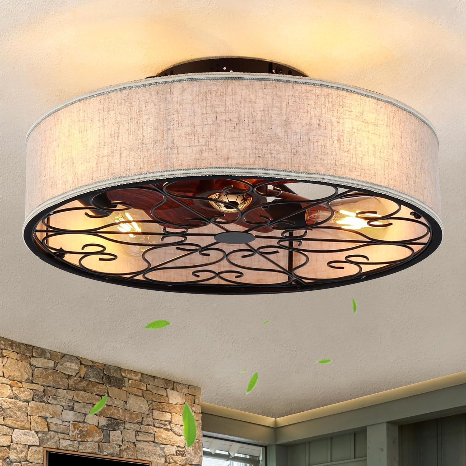 LOVMOR SF-WO-W1340P343837 20 Inch Caged Ceiling Fan Lights Remote Bladeless Farmhouse White 6 Speed