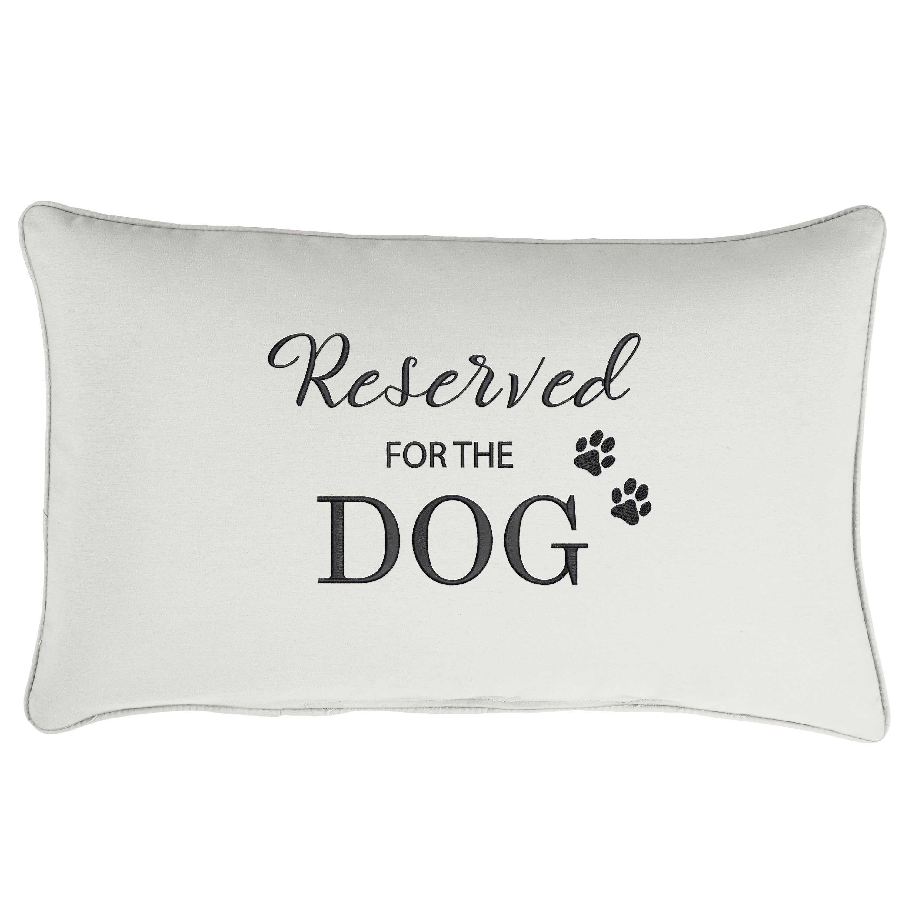 Mozaic Company LWS705621SP Noble Grey Indoor/Outdoor White Lumbar Embroidered Pillow Reserved For the Dog