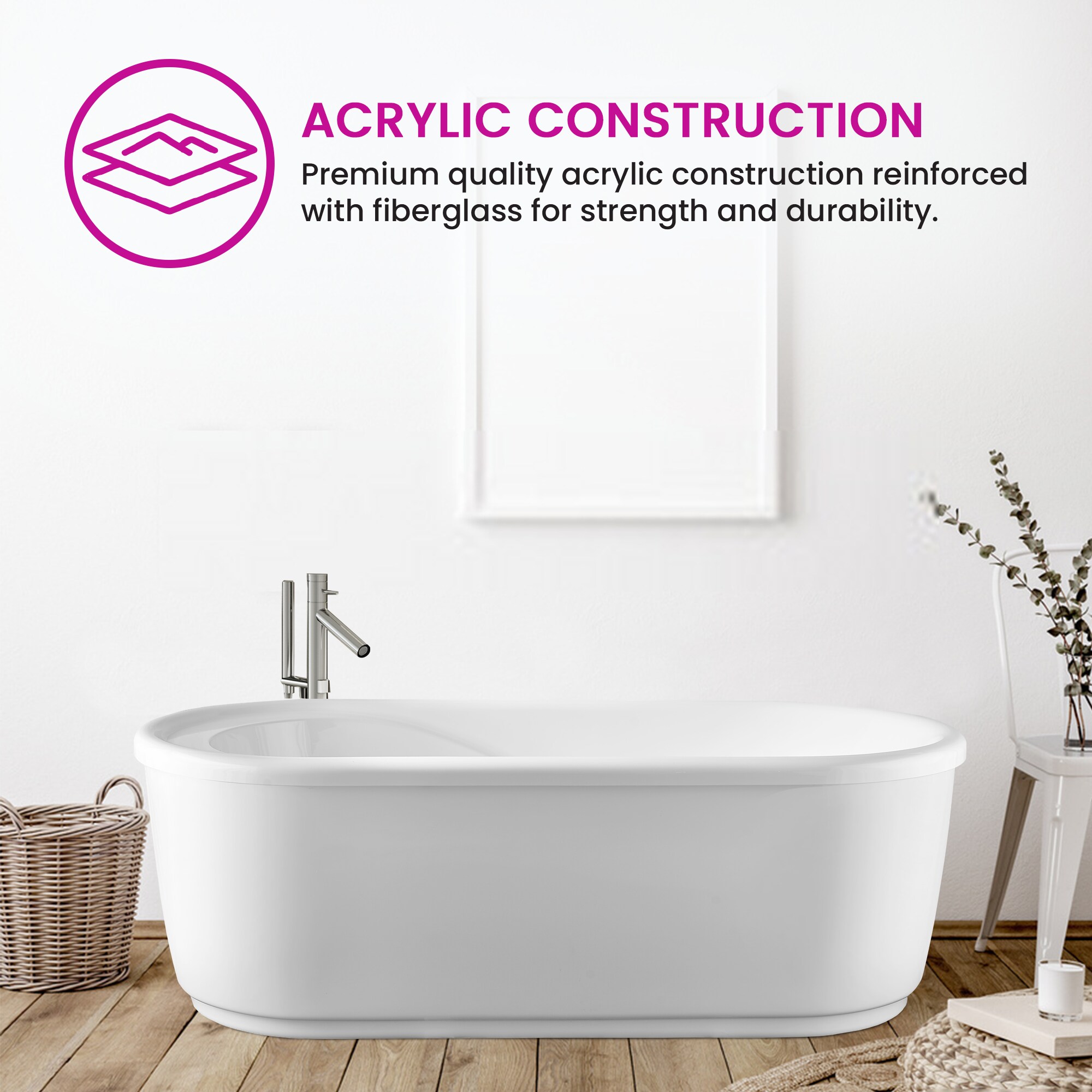59-Inch White Acrylic Freestanding Soaking Bathtub