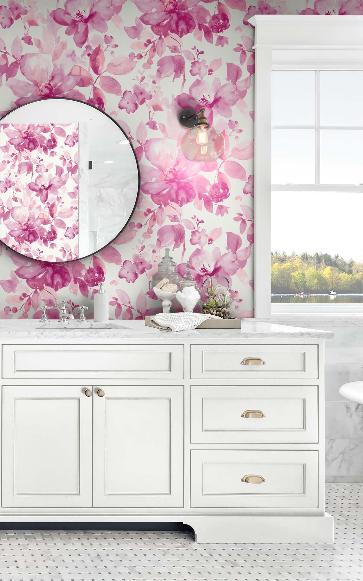 Pink Floral Watercolor Self-Adhesive Vinyl Wallpaper