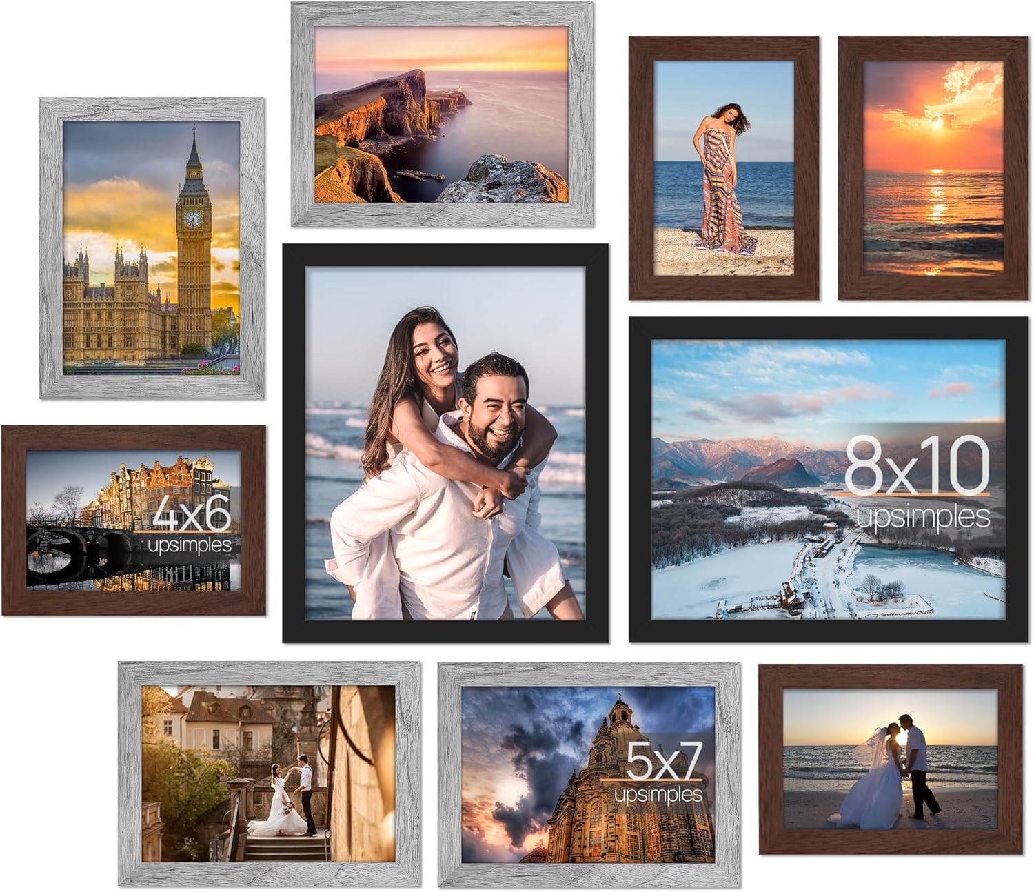 Upsimples B0C9SV3T1M 10 Pack Picture Frame Set Black Gray Brown Multi Size Wall Decor Includes 8x10 5x7 4x6 Frames for Tabletop or Mounting Display