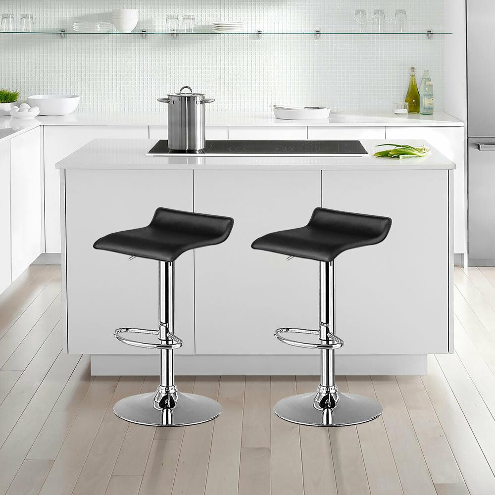 Sleek Adjustable Swivel Backless Bar Stool in Black Leather