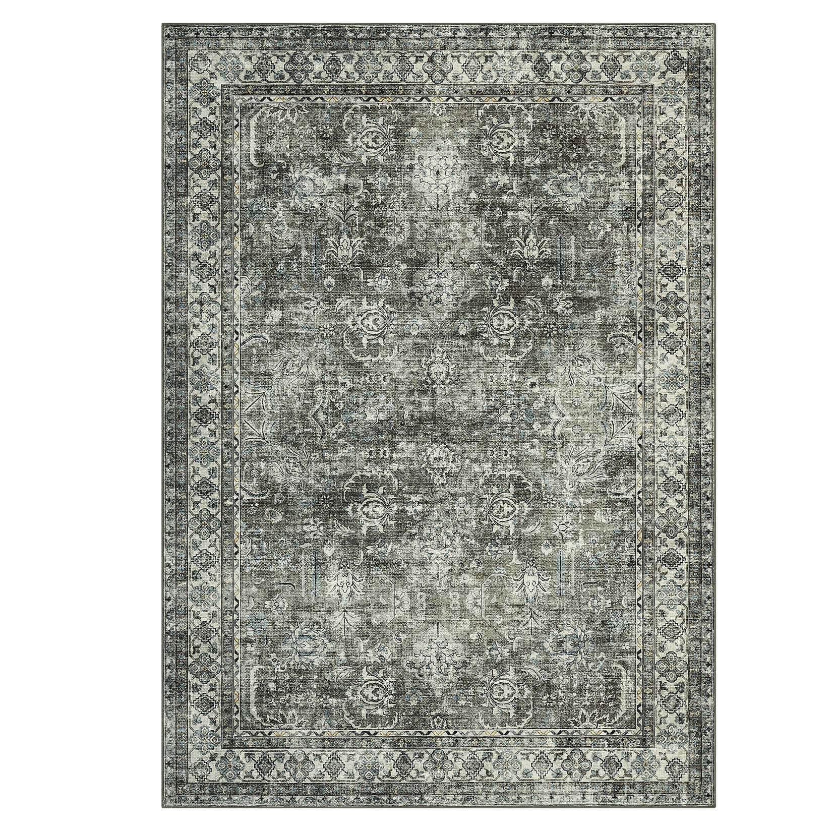 Qeetex LSN-PHK-345CUCDR 8 x 10 ft Polyester Cashmere Brown Green Rectangular Hallway Bathroom Entryway Kitchen Office Foldable Flower Printed Persian Washable Area Rug