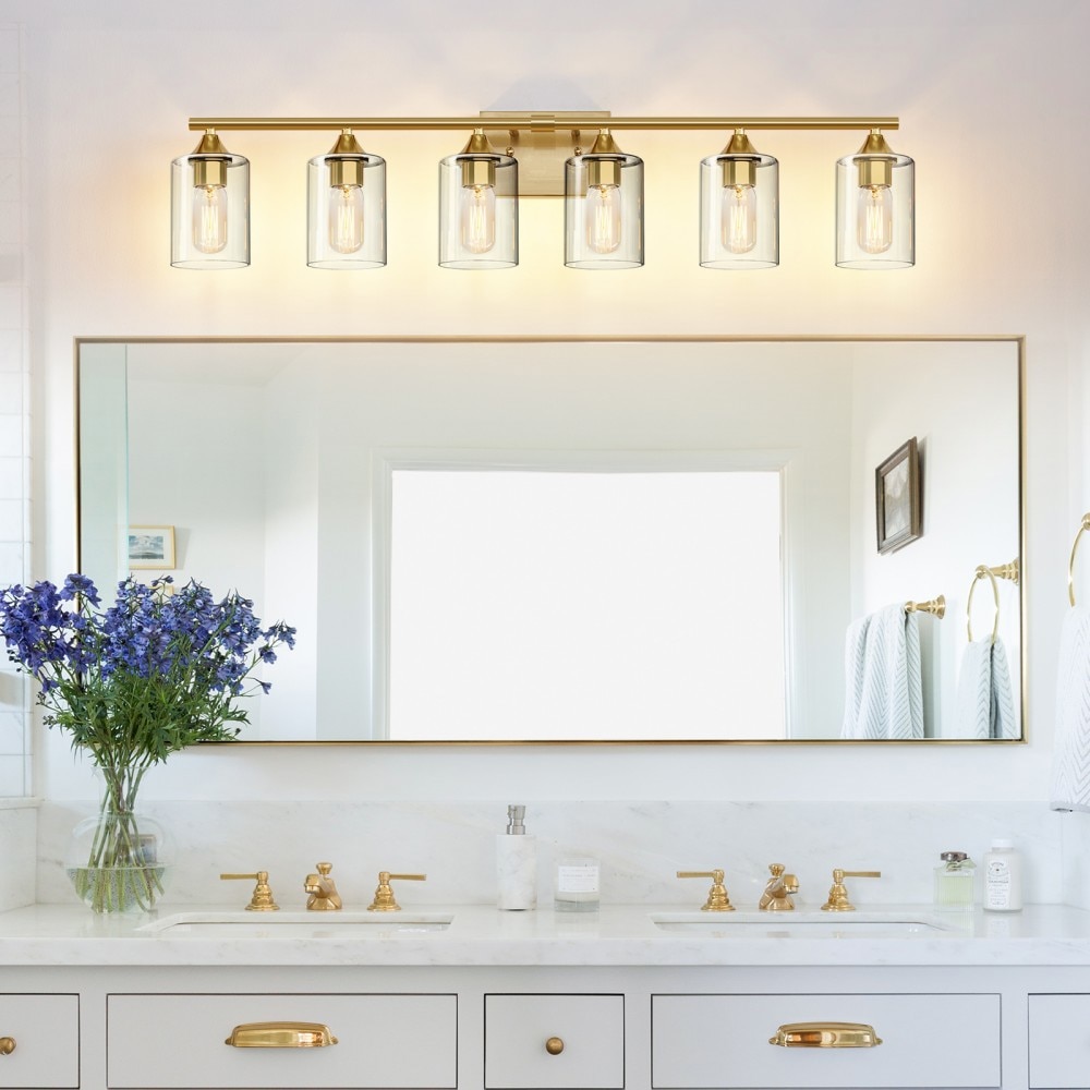 Basdien 36 in Gold 6 Light Brushed Gold Luxury Farmhouse Bathroom Vanity Light Metal Wall Sconce Clear Glass Shade Wall Lamp Large Family Washroom Bedroom E26 Up Down Mounting No Bulb Included Soft Diffused Illumination Anti Rust Dimmable Chic
