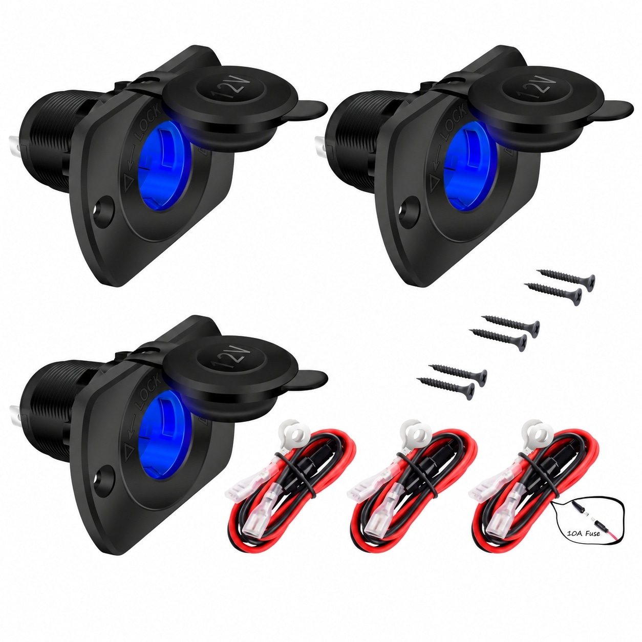 Aoibox  3 Piece 10A 12V Blue and Red Cigarette Lighter Socket Outlet Set for 12V to 24V Accessory Plugs