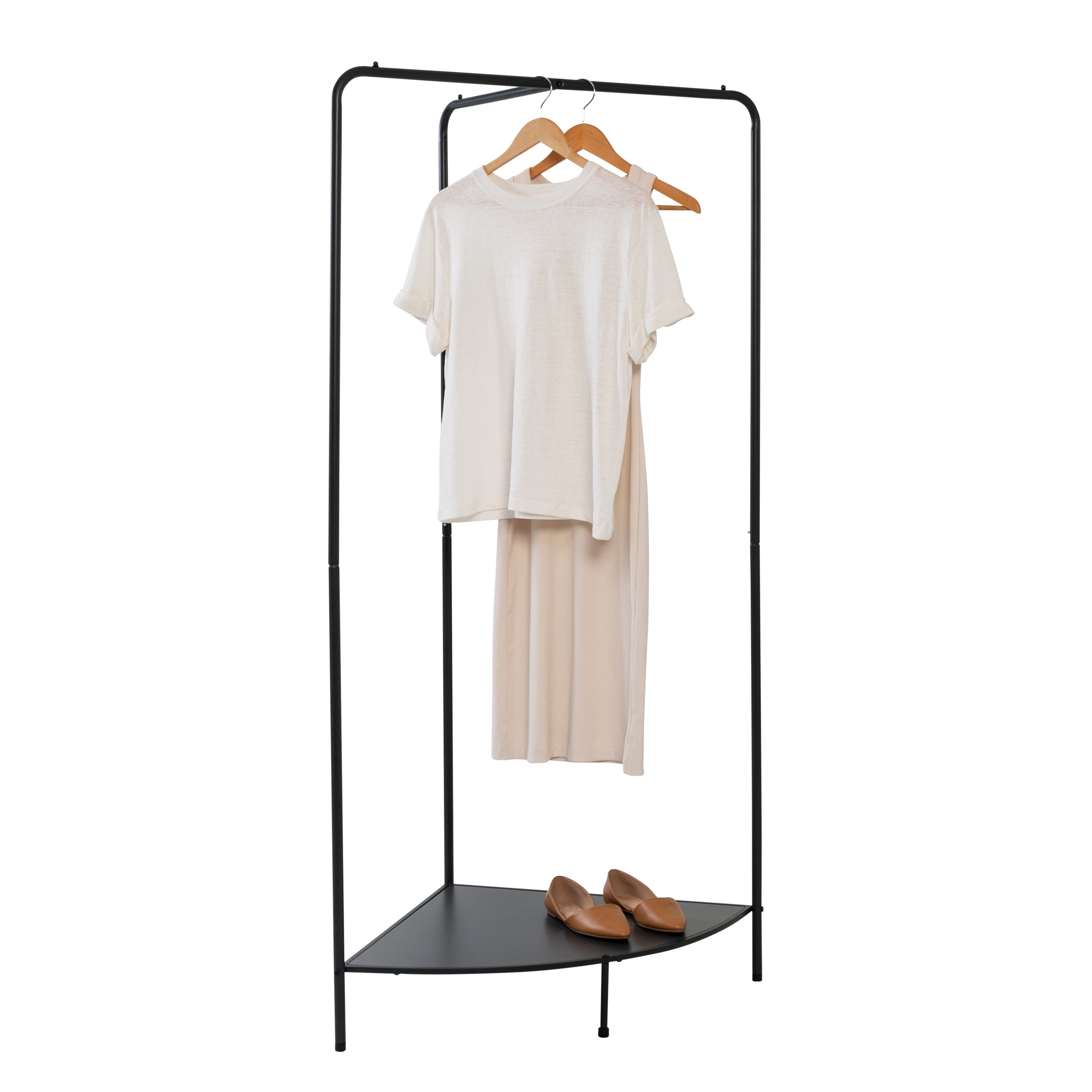 Black Steel Freestanding Corner Clothing Rack with Dark Gray Wood Shelf