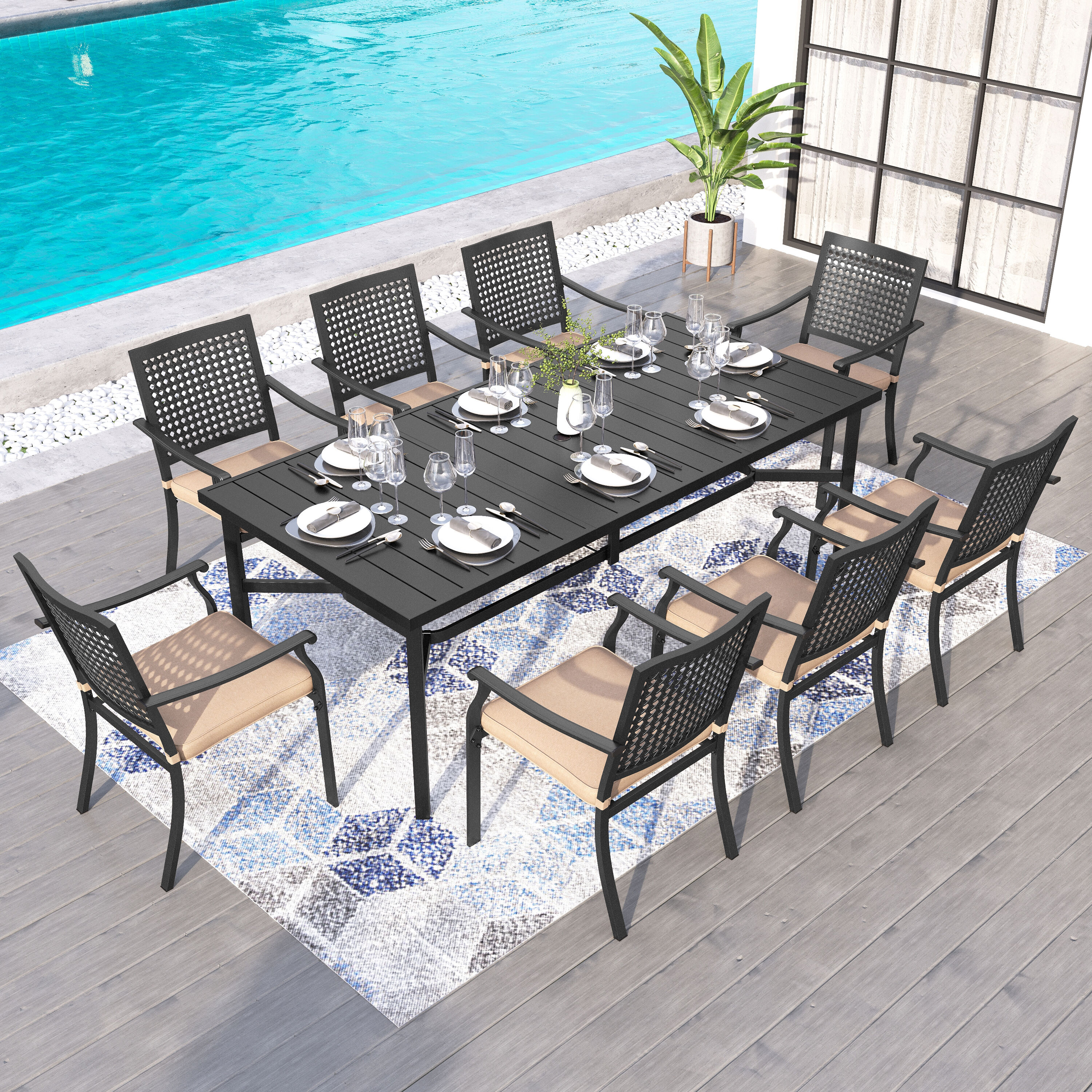 Sunshine Valley - Outdoor Table and Chairs 9 -Piece Black Patio Dining Set Steel Rectangle Table ...