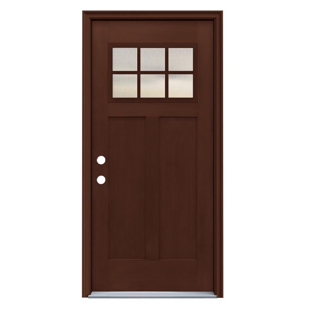 JELD-WEN LOWOLJW232200007 36-in x 80-in x 4-9/16-in Fiberglass Craftsman Right-hand inswing Coffee Bean Stained Prehung Front Door with Brickmould Insulating core