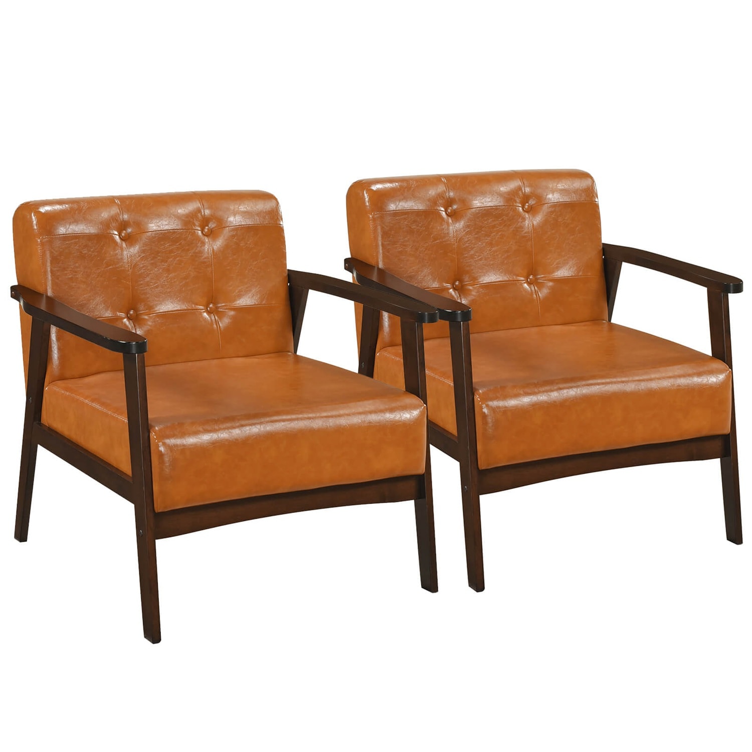 Costway CSHY001769 2PCS Accent Chair Button Tufted Mid-century Modern Lounge Chair with Armrest Caramel