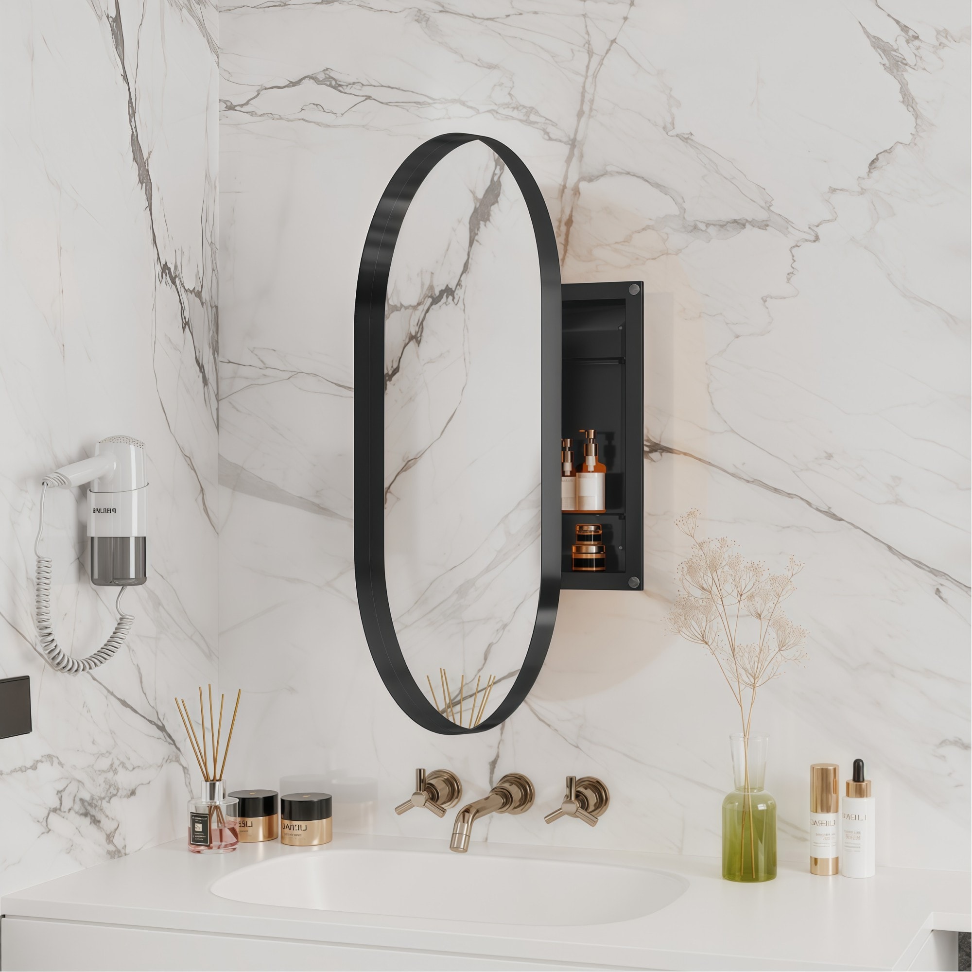 Numhew 20.47in W 33.46in H 2-Shelf Matte Black Oval Recessed Medicine Cabinet