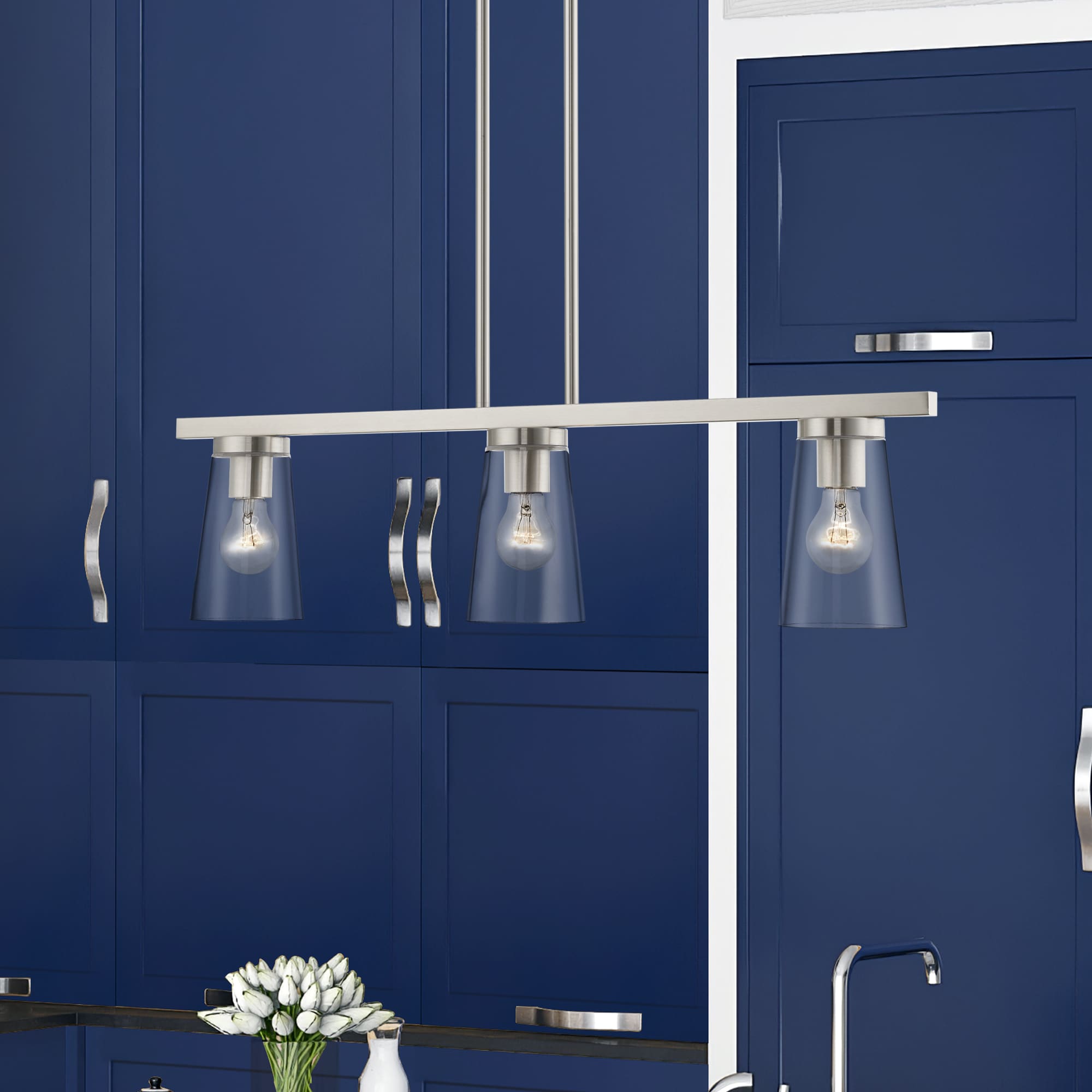 Brushed Nickel 3-Light Linear Chandelier with Clear Glass Shades