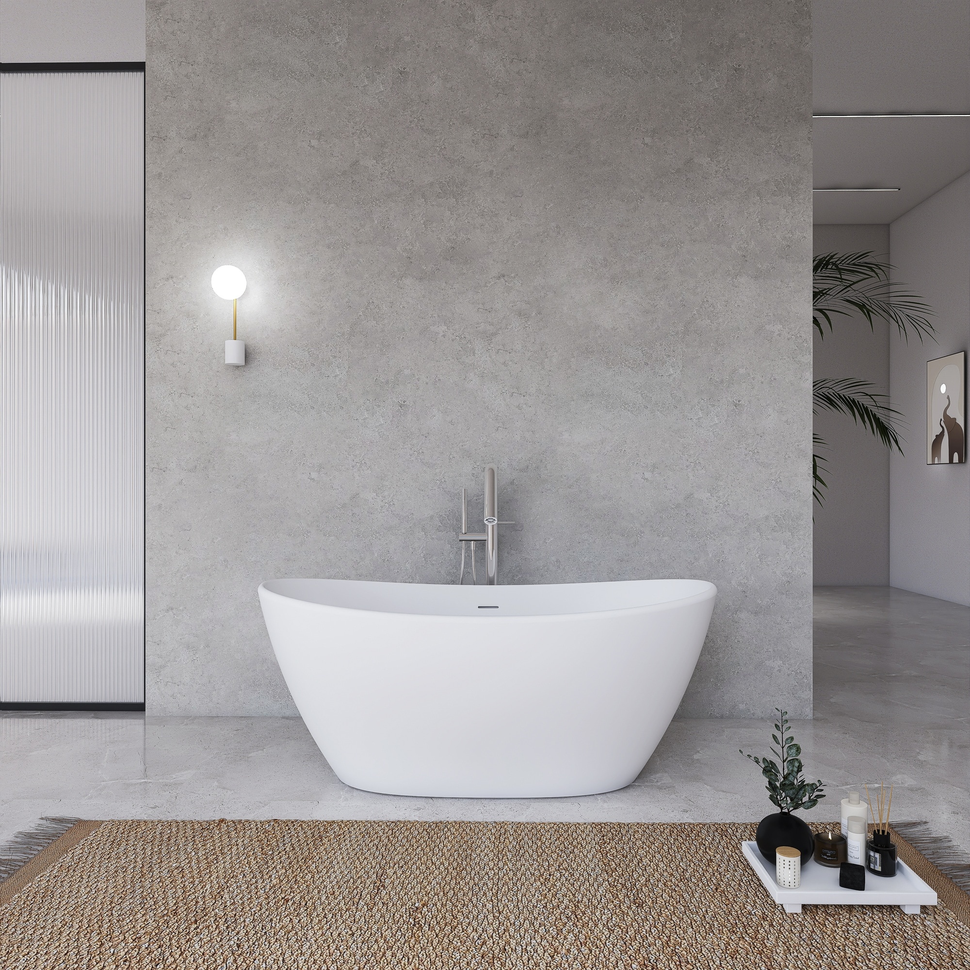 Vorene - 61-in Solid Surface Freestanding Soaking Tub for Bathroom Spa Relaxation