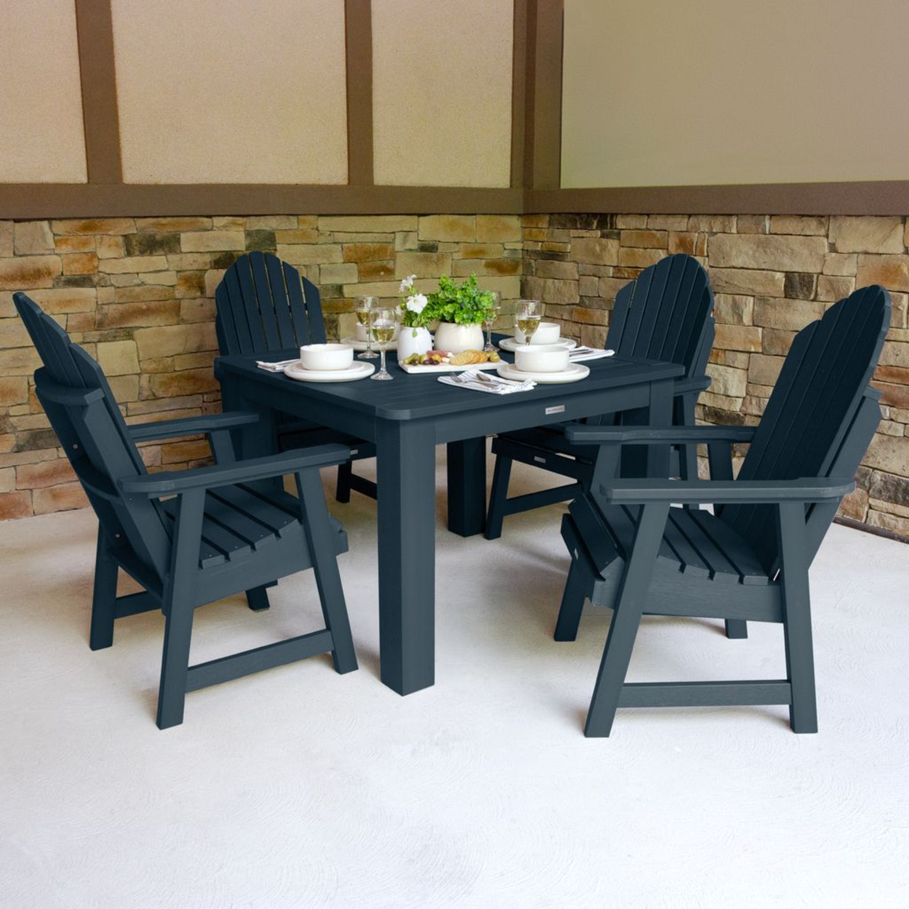 highwood AD-DNA44-FBE Hamilton 5 -Piece Federal Blue Patio Dining Set Plastic Square Table with 4 Stationary Chairs