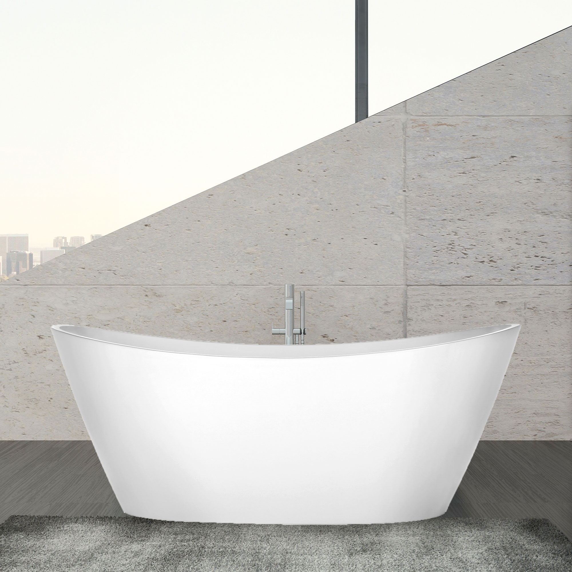 Empava Modern 34.2-in x 67-in White Acrylic Oval Freestanding Whirlpool Tub  with Faucet, Hand Shower and Drain (Center Drain) at