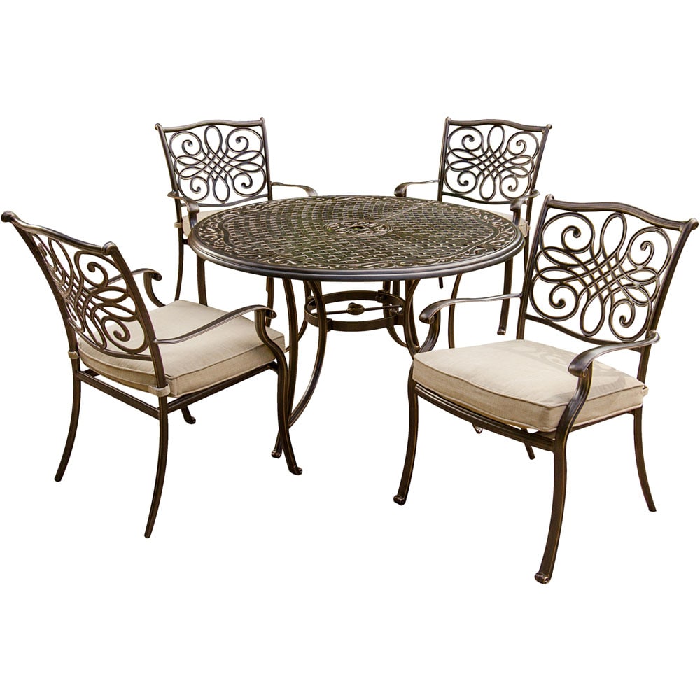 Hanover Traditions 5 Piece Bronze Patio Dining Set Aluminum Round Table With 4 Tan Cushions 7514