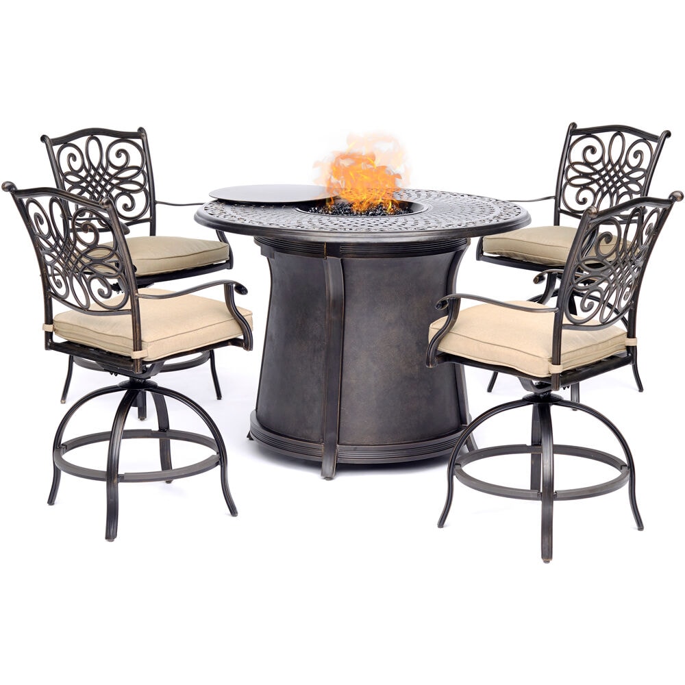 Hanover TRAD5PCFPRD-BR Traditions 5 -Piece Bronze Bar Height Patio Dining Set Aluminum Round Table with 4 Tan Cushions Swivel Chairs Fire Pit Included