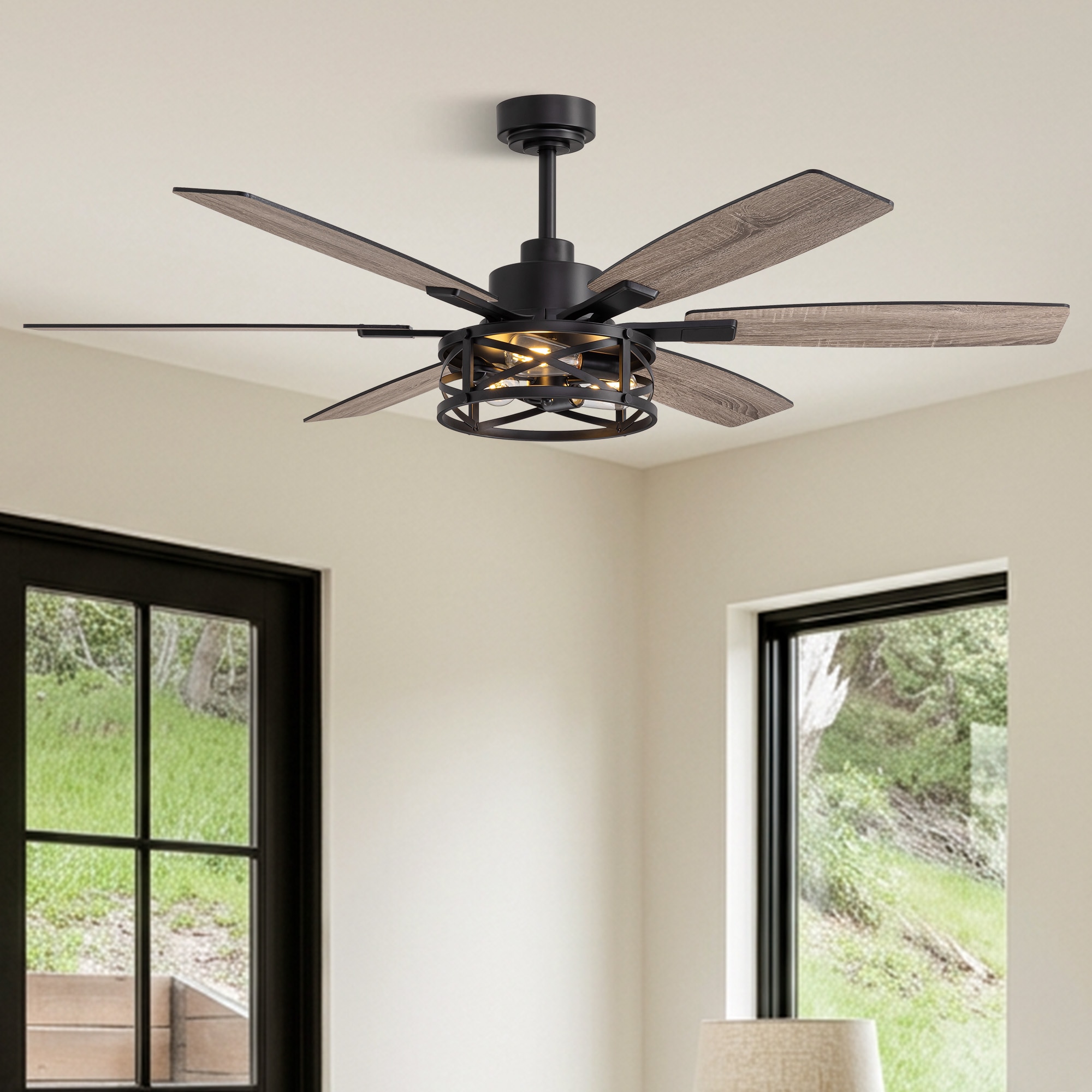 FANNEHONNE 60-in Matte Black Farmhouse Cage Ceiling Fan with Light Matte Black 6 Blade Dual Color Blades Remote Control Bulb Not Included for Bedroom Living Room Patio