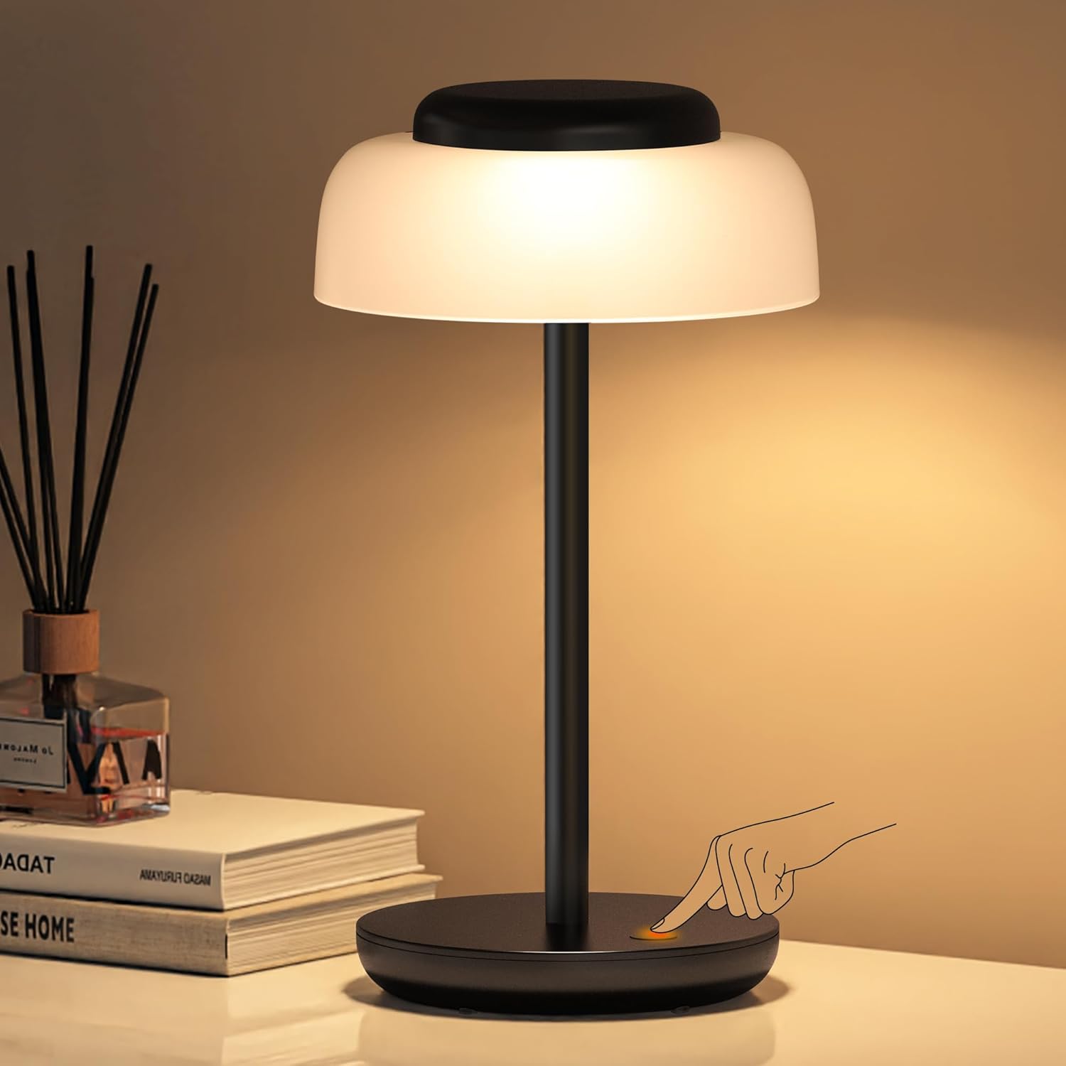 Cinoton Battery Operated LED Table Lamp 5000mAh Rechargeable Cordless Lamp Stepless Dimmable Touch Control Small Waterproof Desk Night Light for Living Room Bedroom Outdoor Bar Black