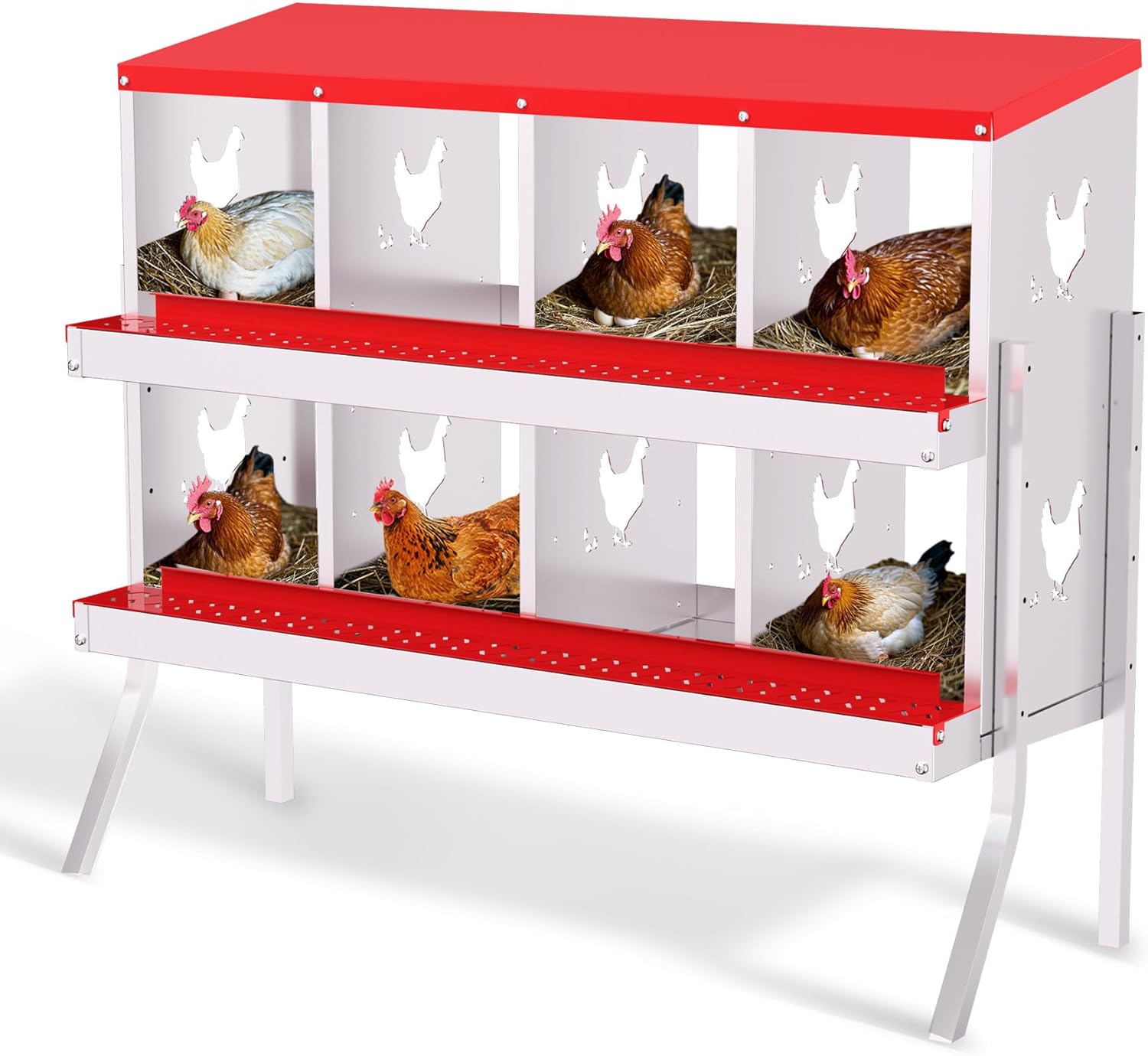 Qeetex GGL-PHO-348S9AJ6 8-Hole Red With Stand Chicken Nesting Box  Chicken Nesting Box with Legs  Metal Chickens Laying Boxes with Perch  Metal Roll Away Eggs Laying Boxes  Versatile Wall Mount for Chickens