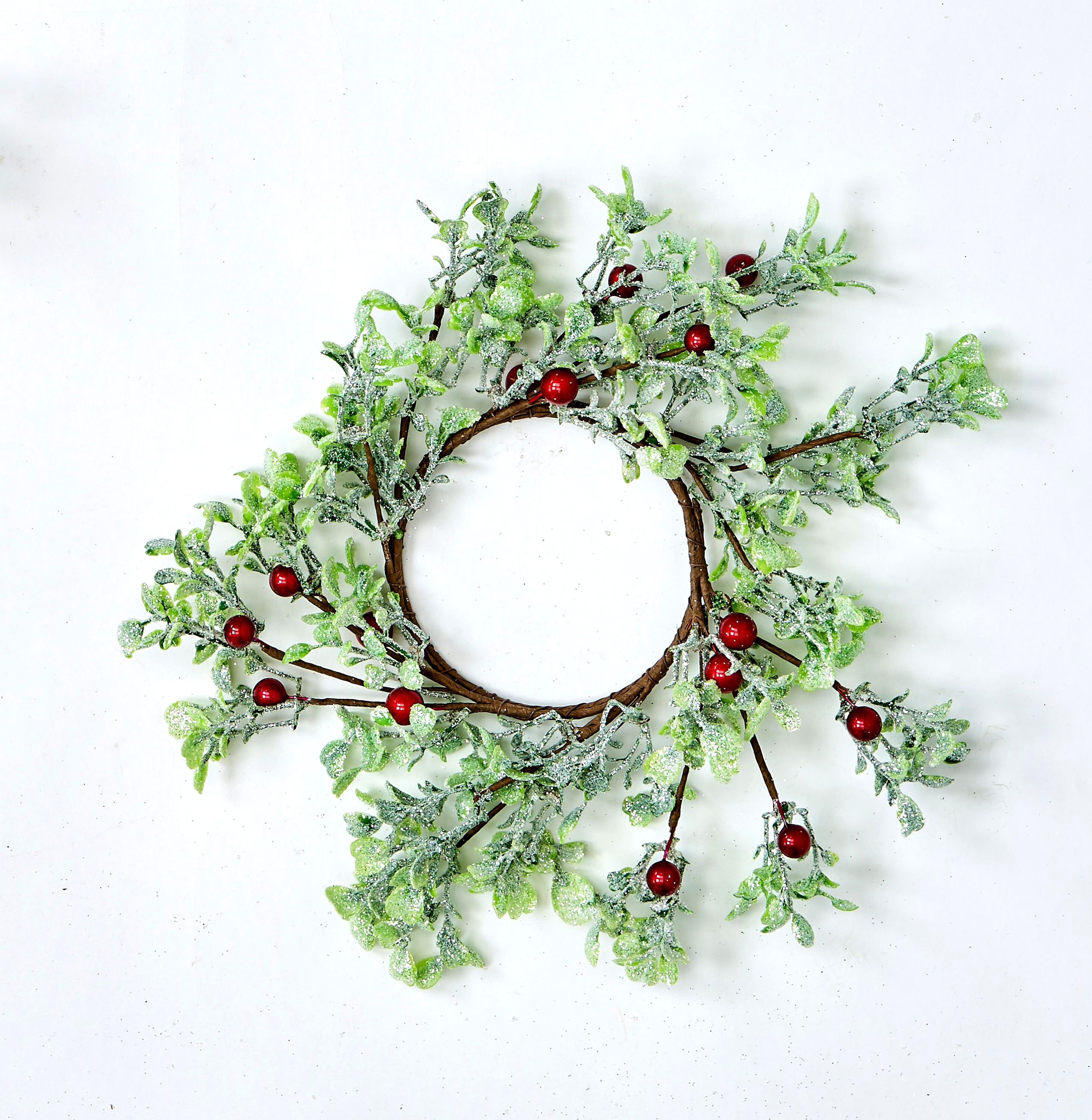 Country Style Green Leaves and Red Berries Candle Ring Set of 2, 4.25-in Inner Diameter, Glittered, Pillar Candle Sized | - Worth Imports 7944