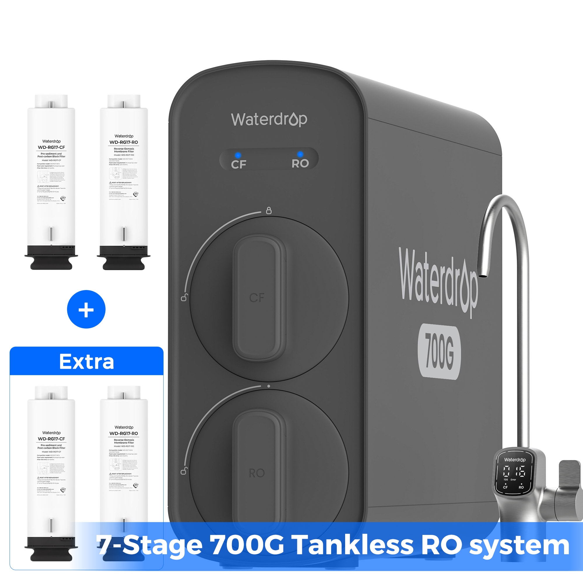 Waterdrop 7-stage G5P700 with CF RO Filter Composite/Activated carbon Reverse Osmosis Filtration Under Sink Water Filtration System with 2:1 Pure to Drain Stainless Steel faucet Faucet